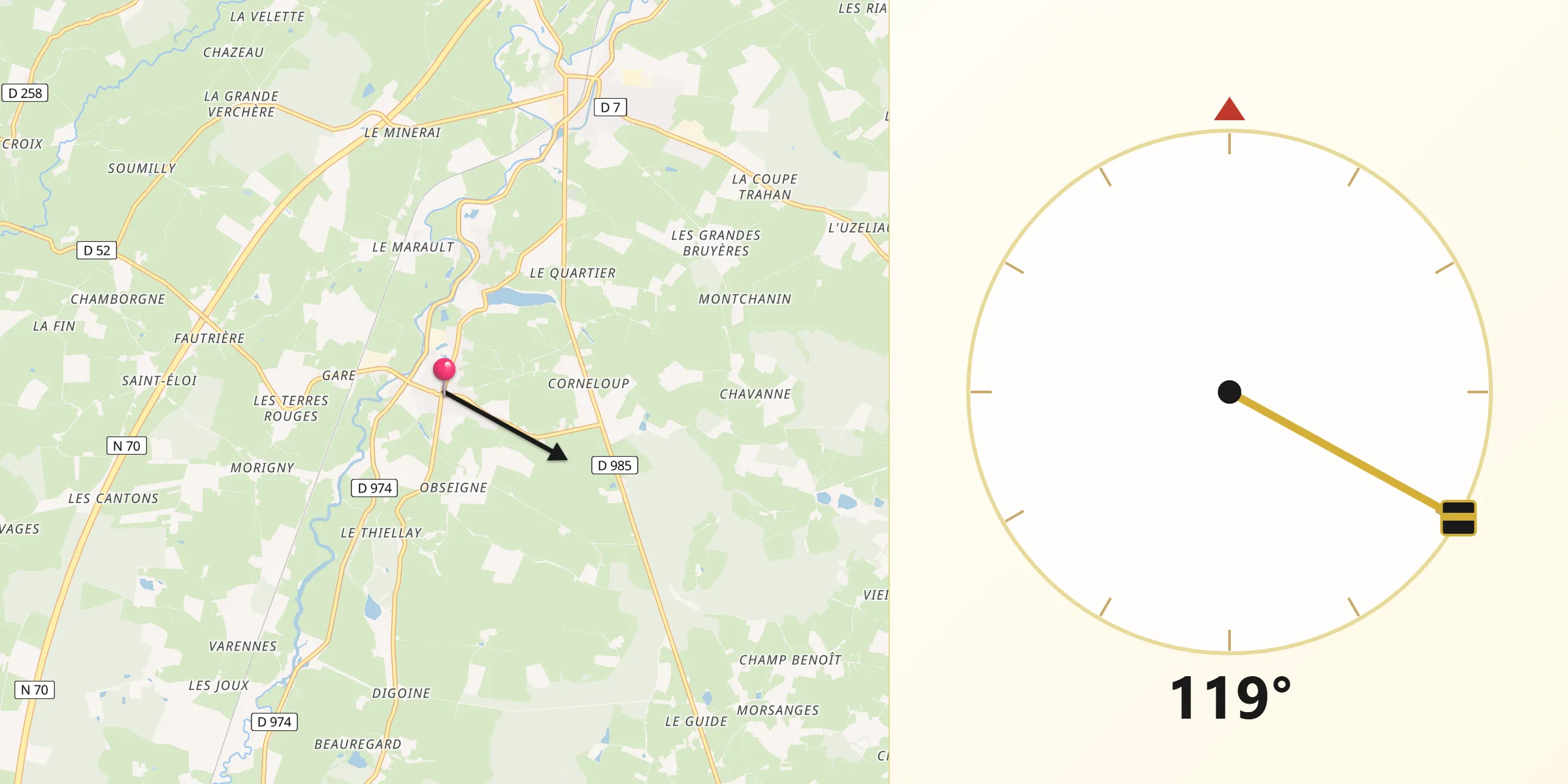 Direction vers la Qibla depuis Palinges