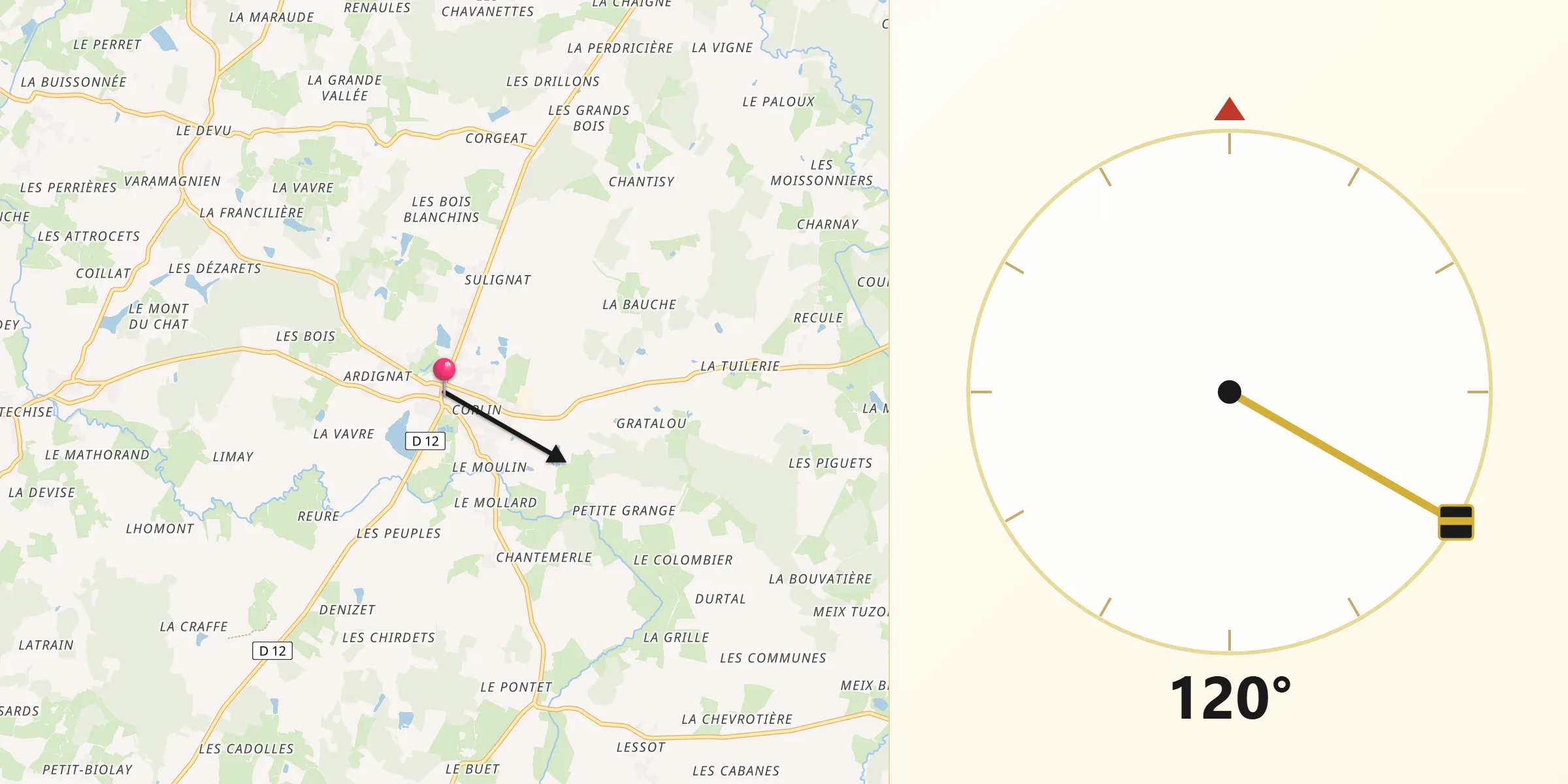Direction vers la Qibla depuis Montpont-en-Bresse