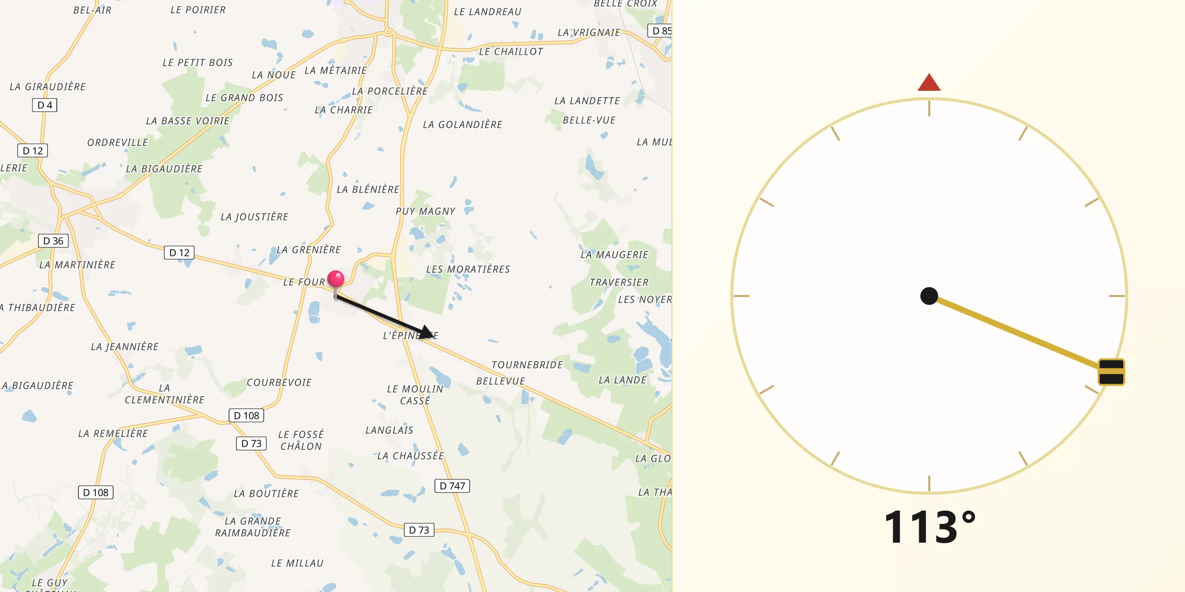 Direction vers la Qibla depuis La Boissière-des-Landes