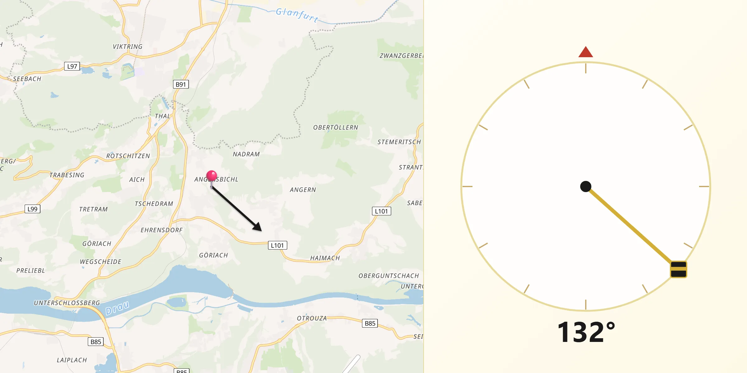 Qibla-Richtung von Klagenfurt-Land