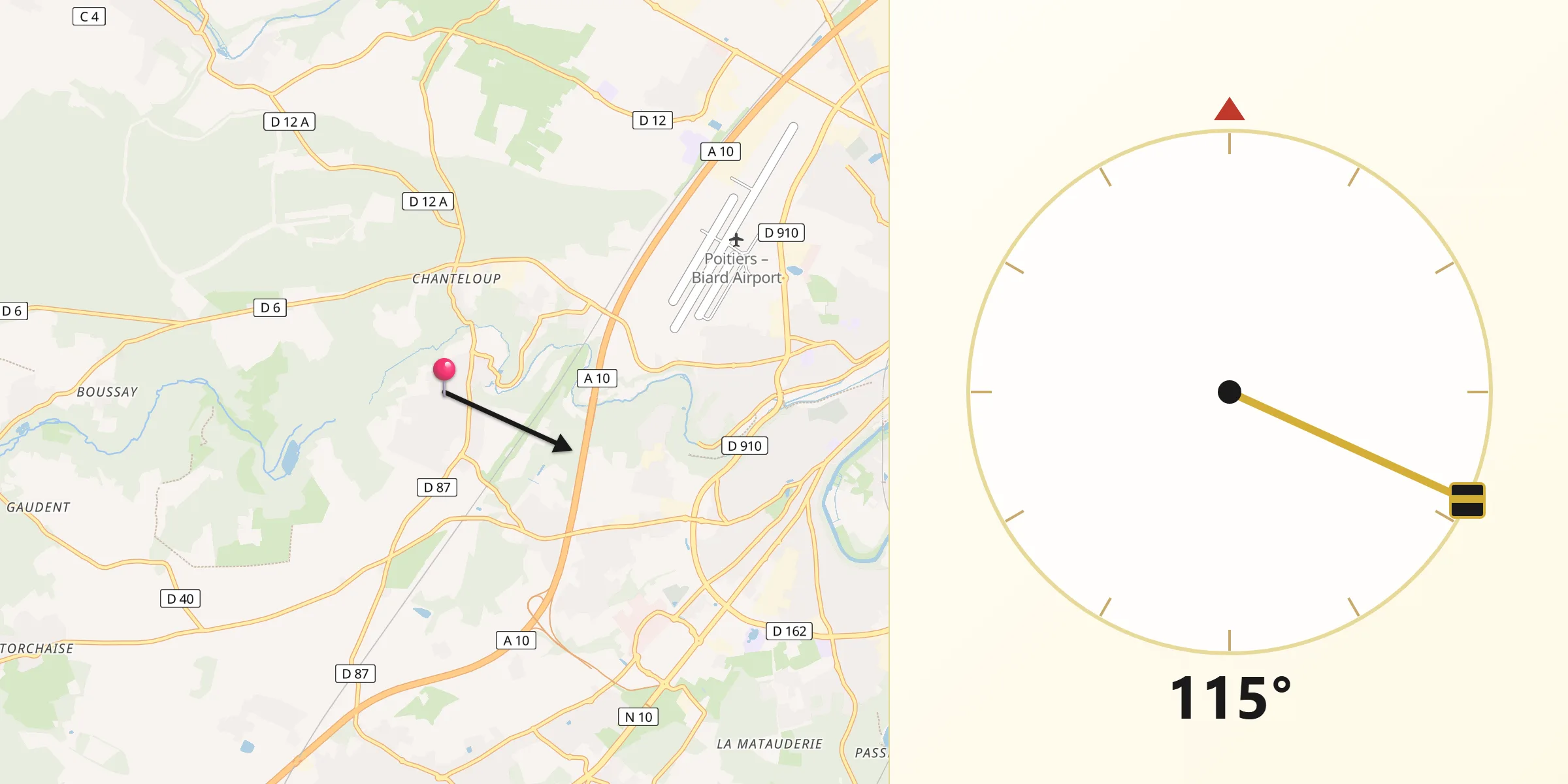 Direction vers la Qibla depuis Vouneuil-sous-Biard