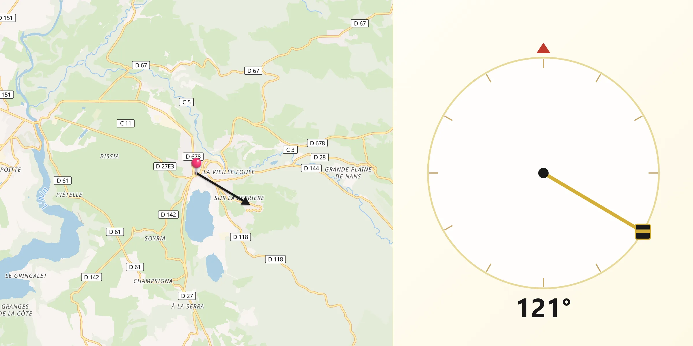 Direction vers la Qibla depuis Clairvaux-les-Lacs