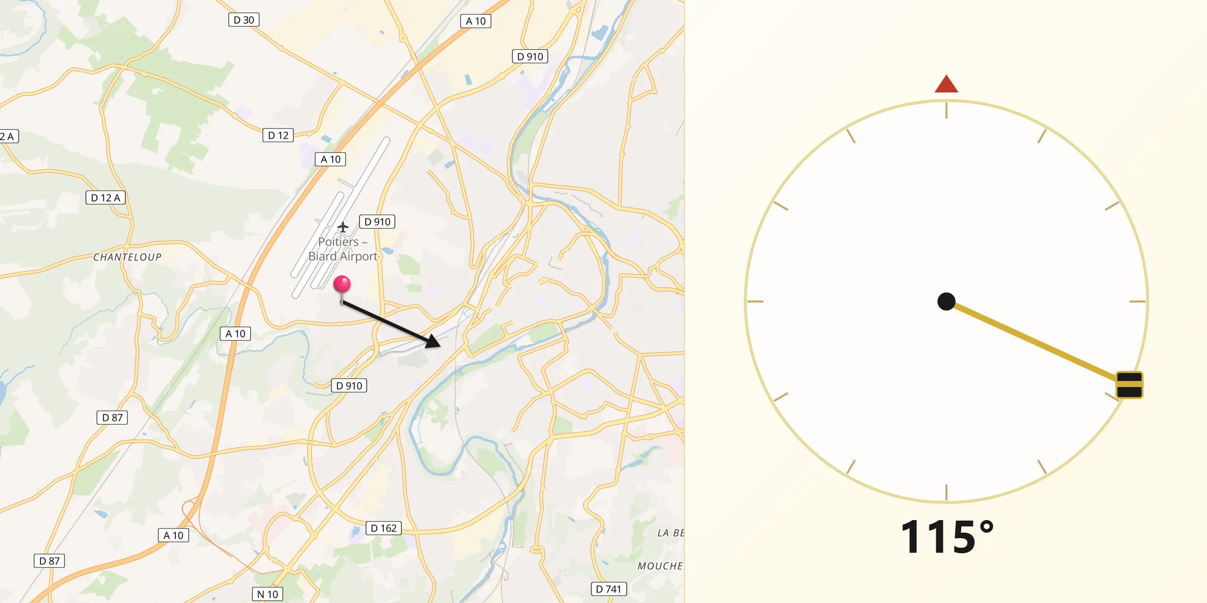Direction vers la Qibla depuis Biard