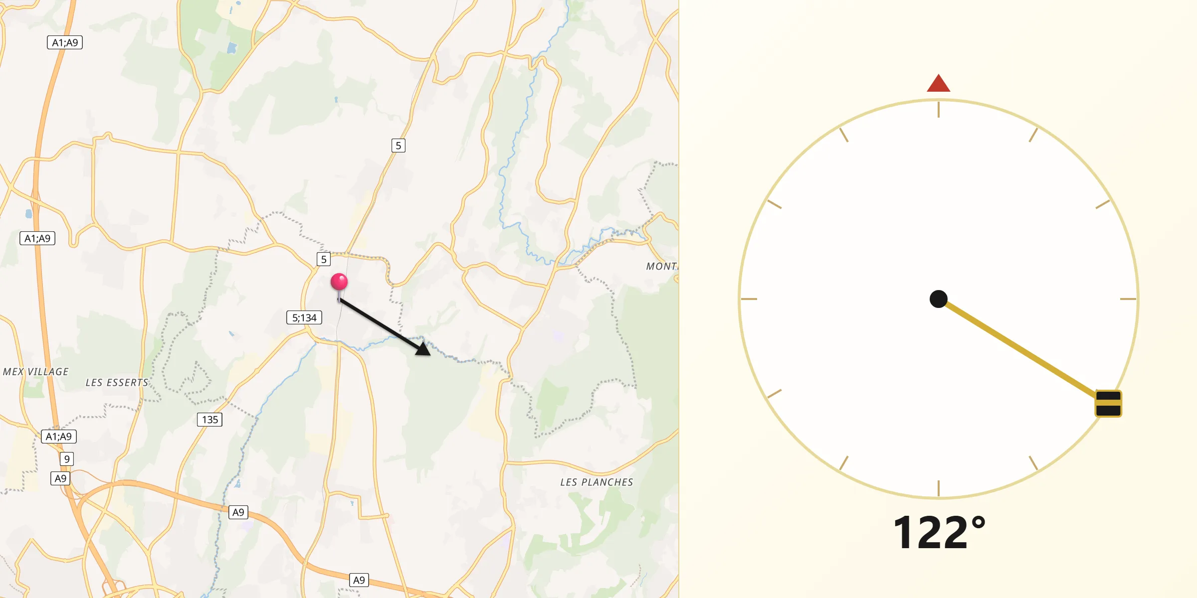 Direction vers la Qibla depuis Cheseaux