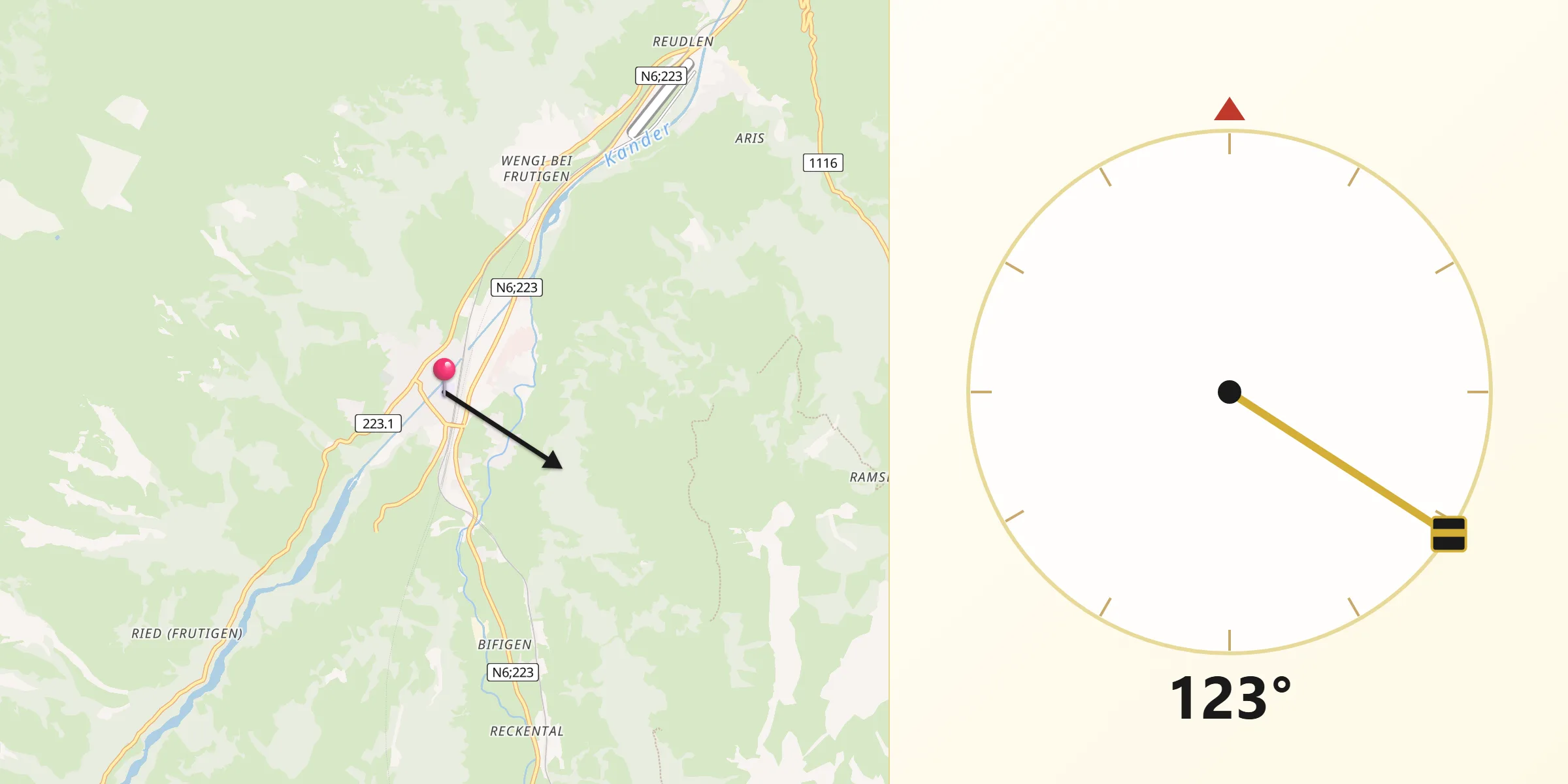 Direction vers la Qibla depuis Frutigen