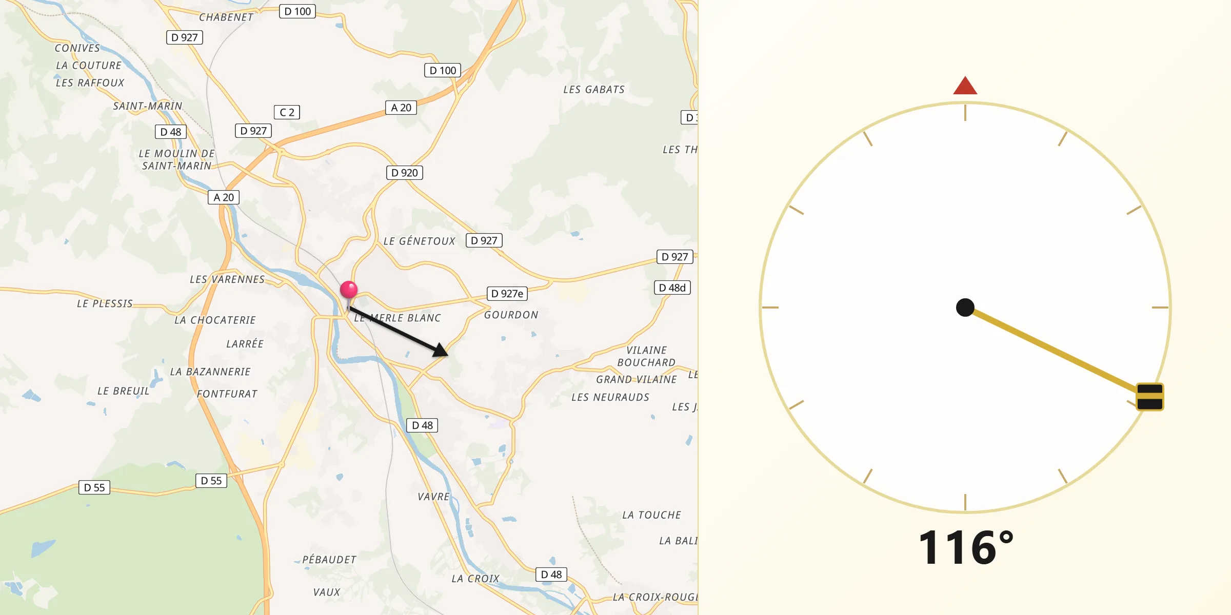 Direction vers la Qibla depuis Argenton-sur-Creuse