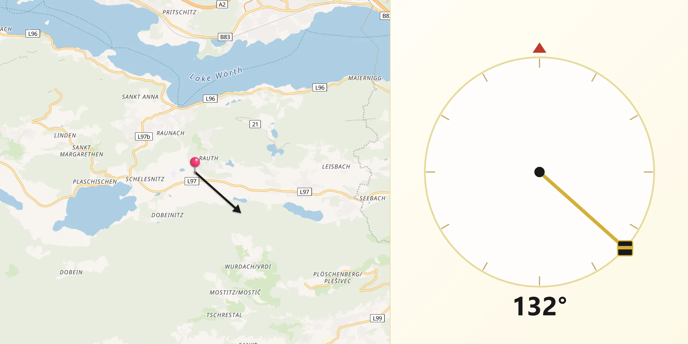Qibla-Richtung von Keutschach am See