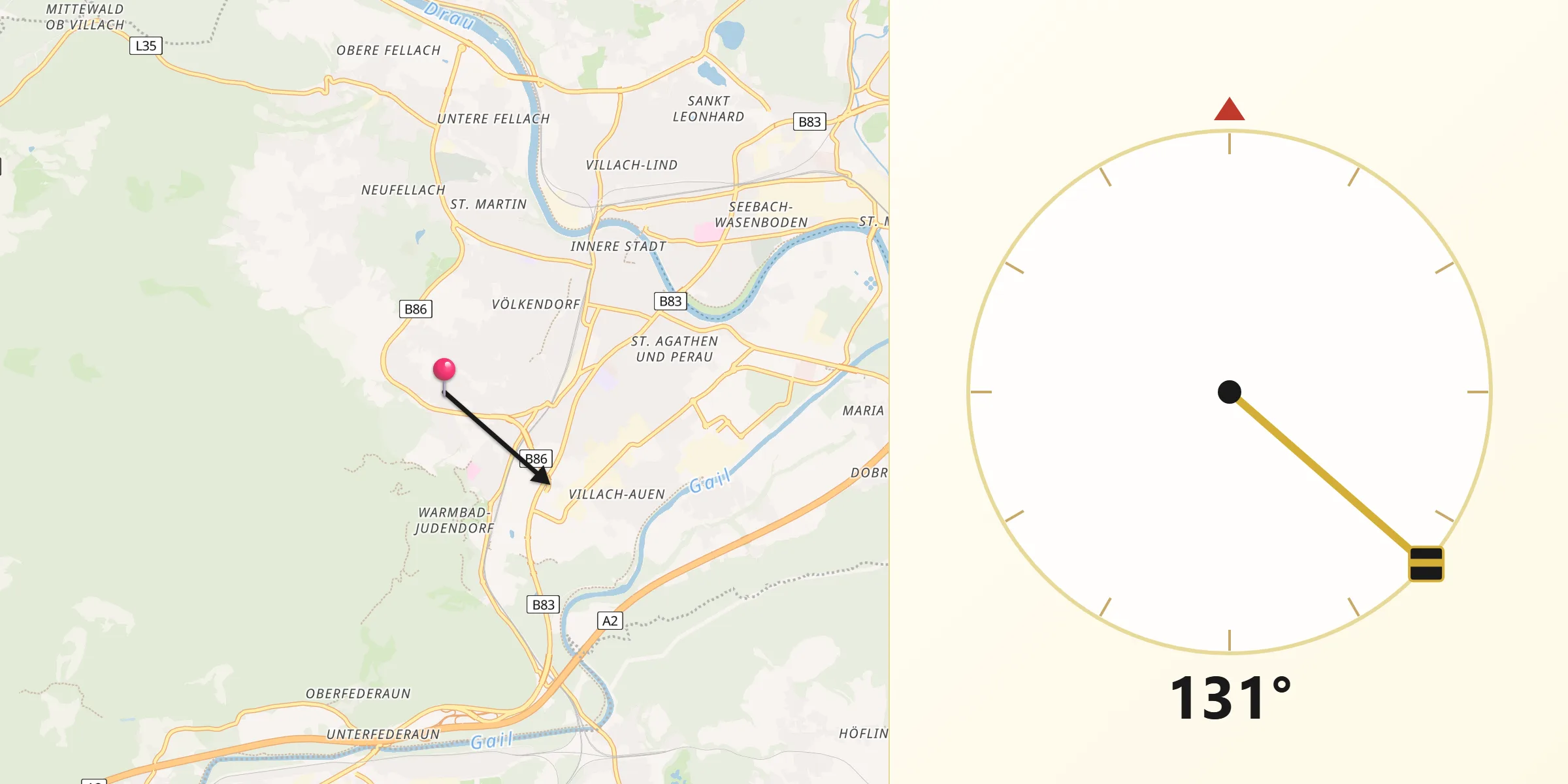 Qibla-Richtung von Warmbad-Judendorf