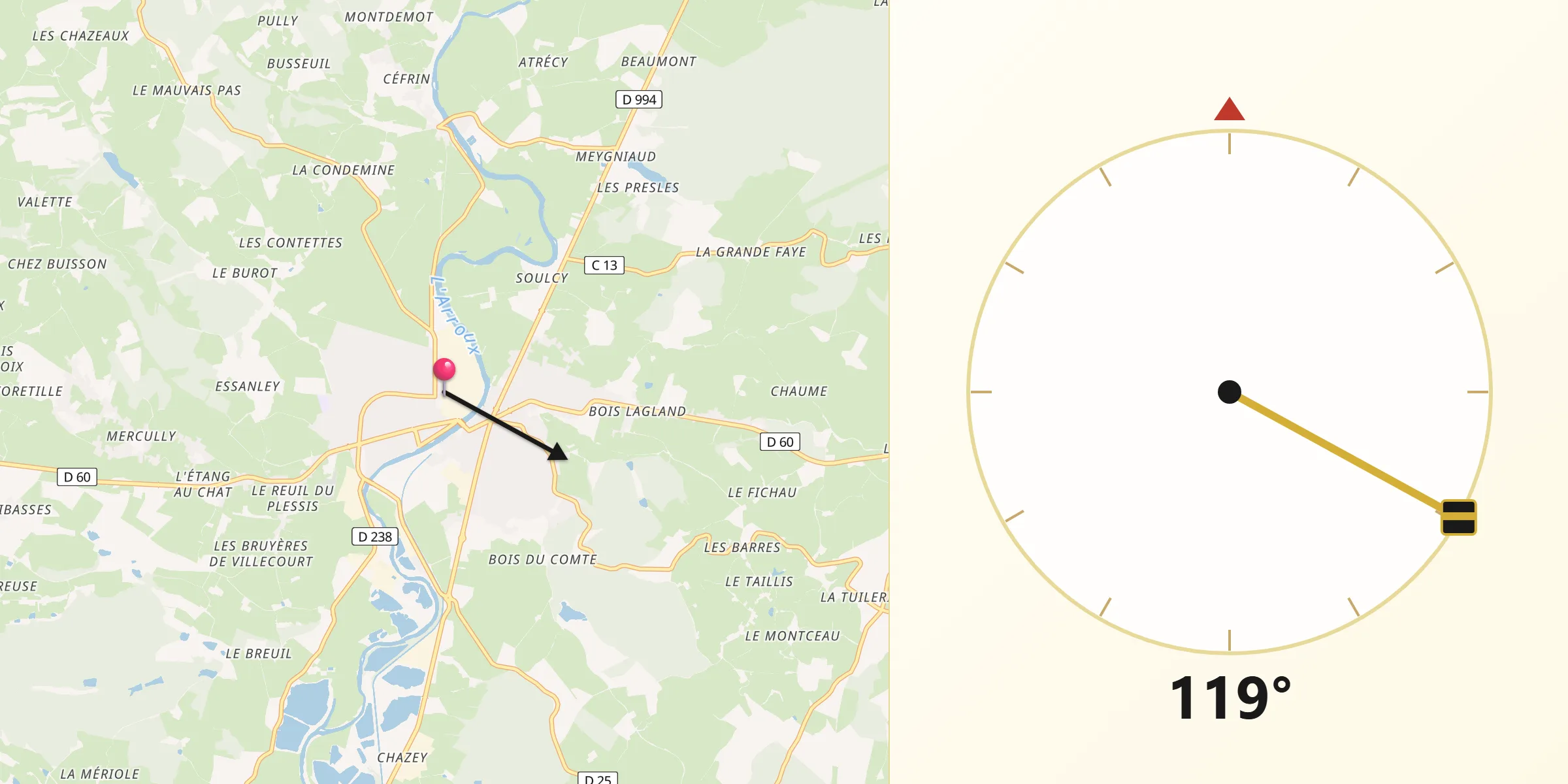 Direction vers la Qibla depuis Gueugnon