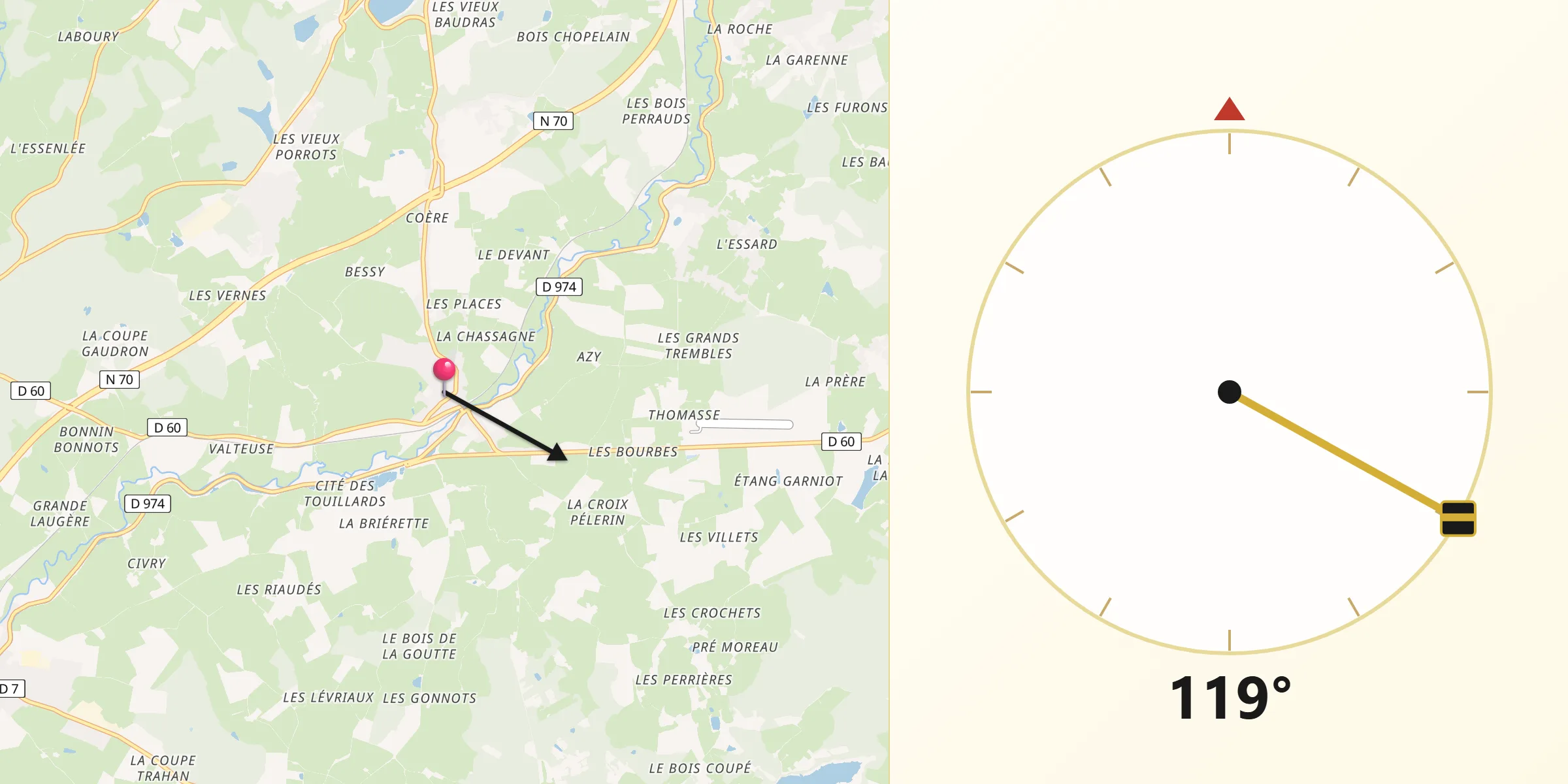 Direction vers la Qibla depuis Ciry-le-Noble