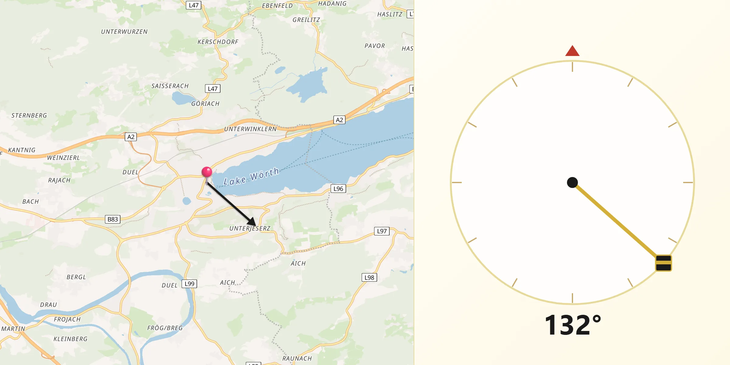 Qibla-Richtung von Velden am Wörther See