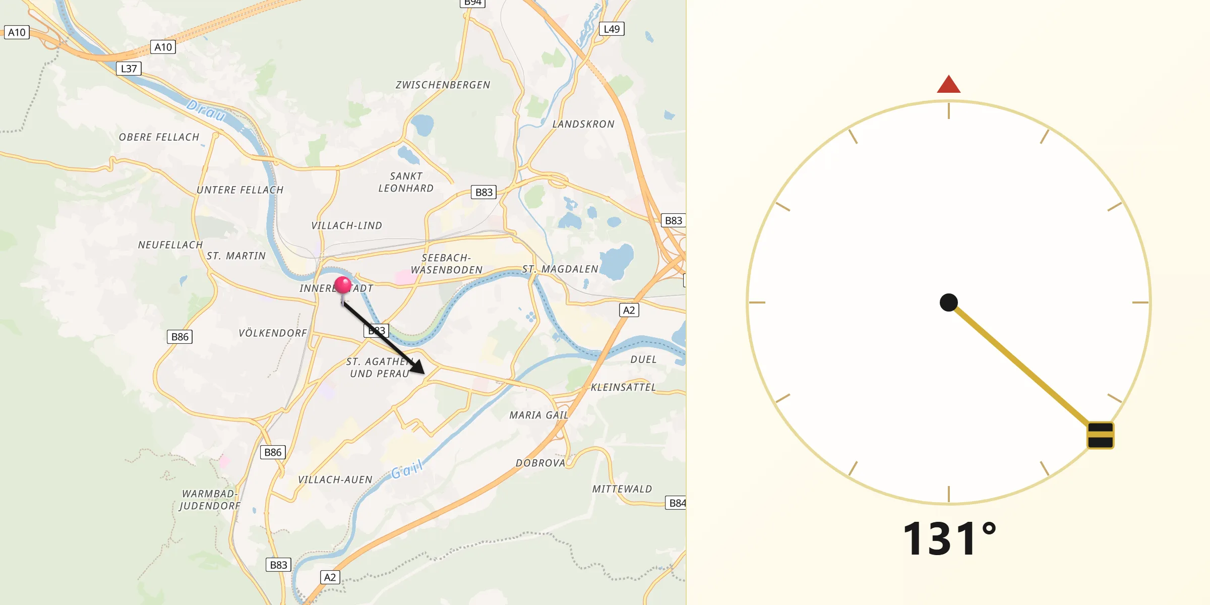 Qibla-Richtung von Villach-Innere Stadt