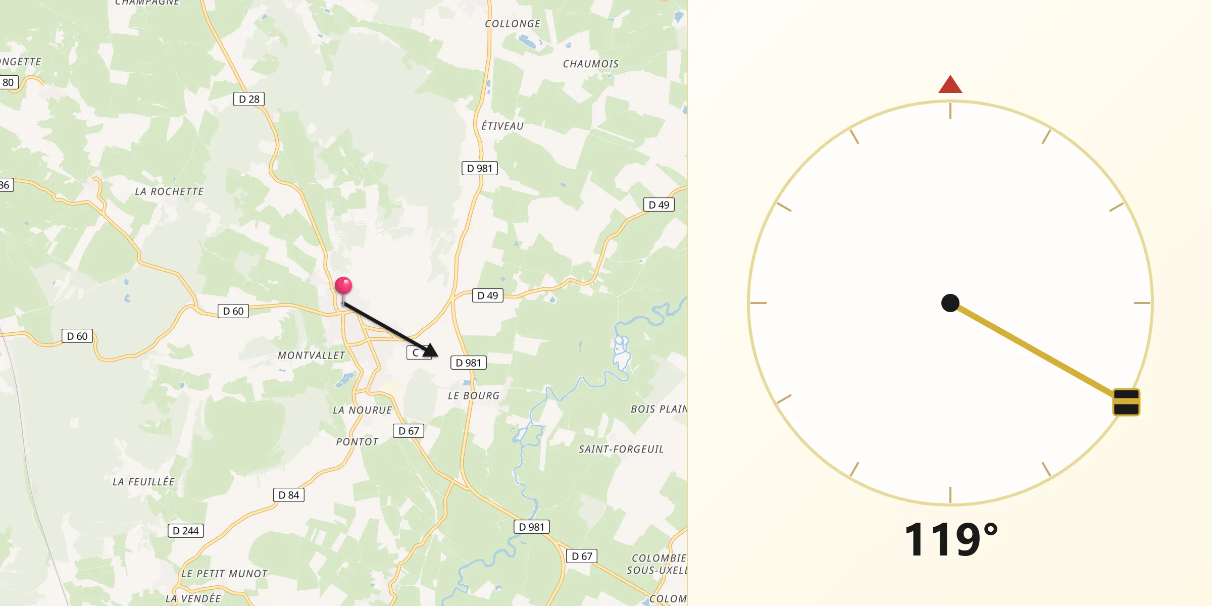 Direction vers la Qibla depuis Saint-Gengoux-le-National