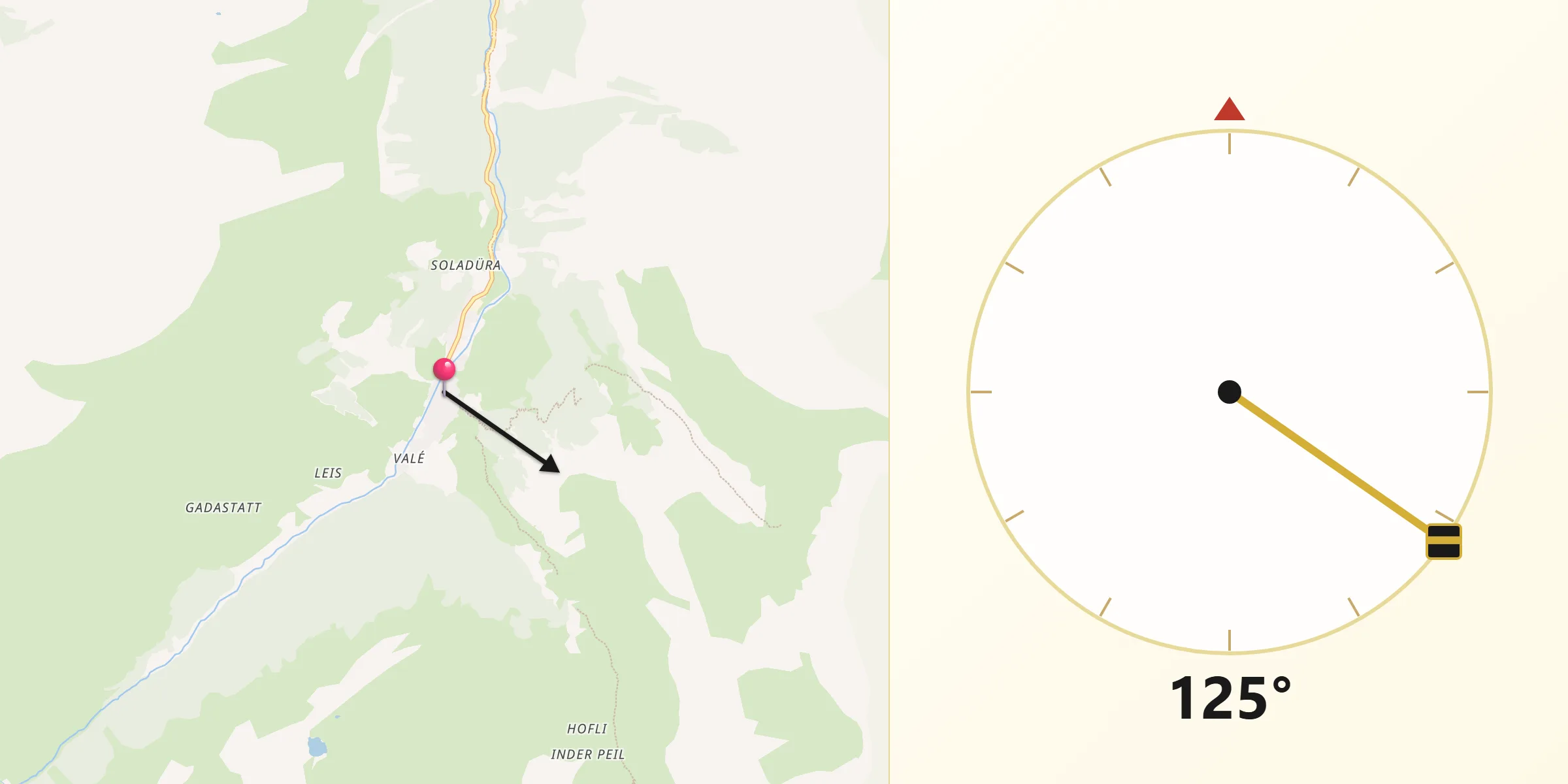 Direction vers la Qibla depuis Vals Platz