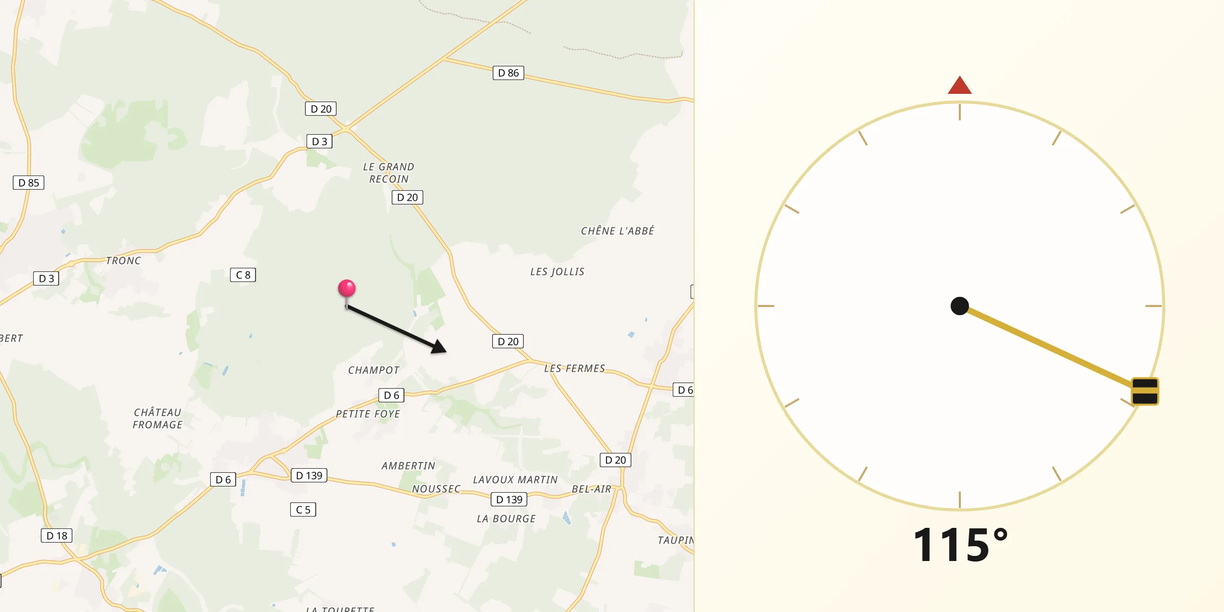 Direction vers la Qibla depuis Buxerolles