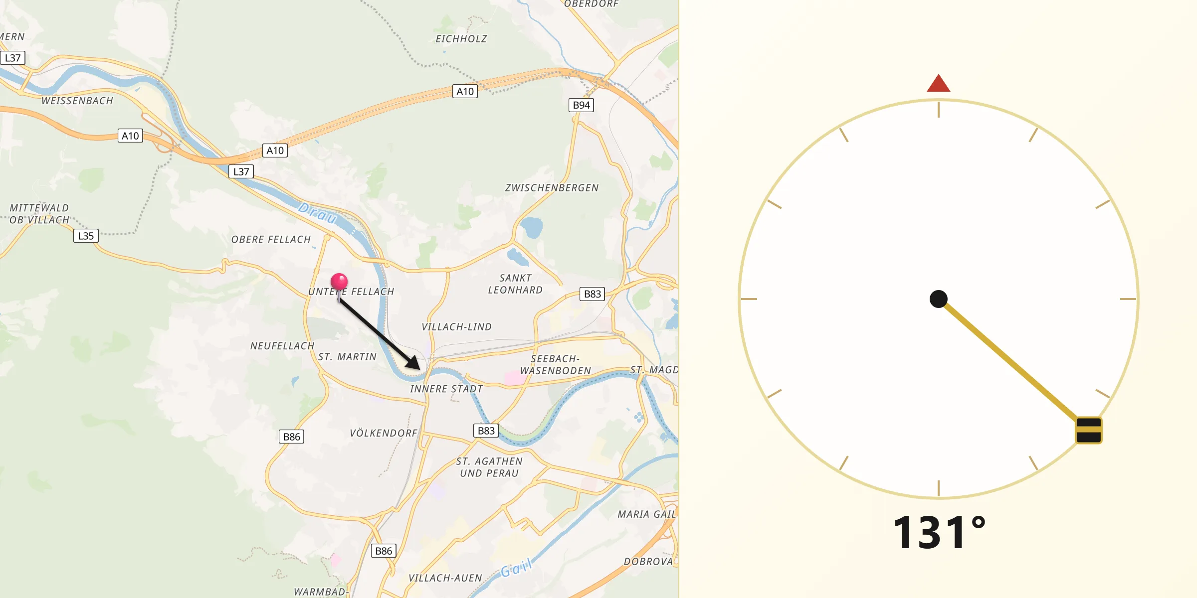 Qibla-Richtung von Untere Fellach