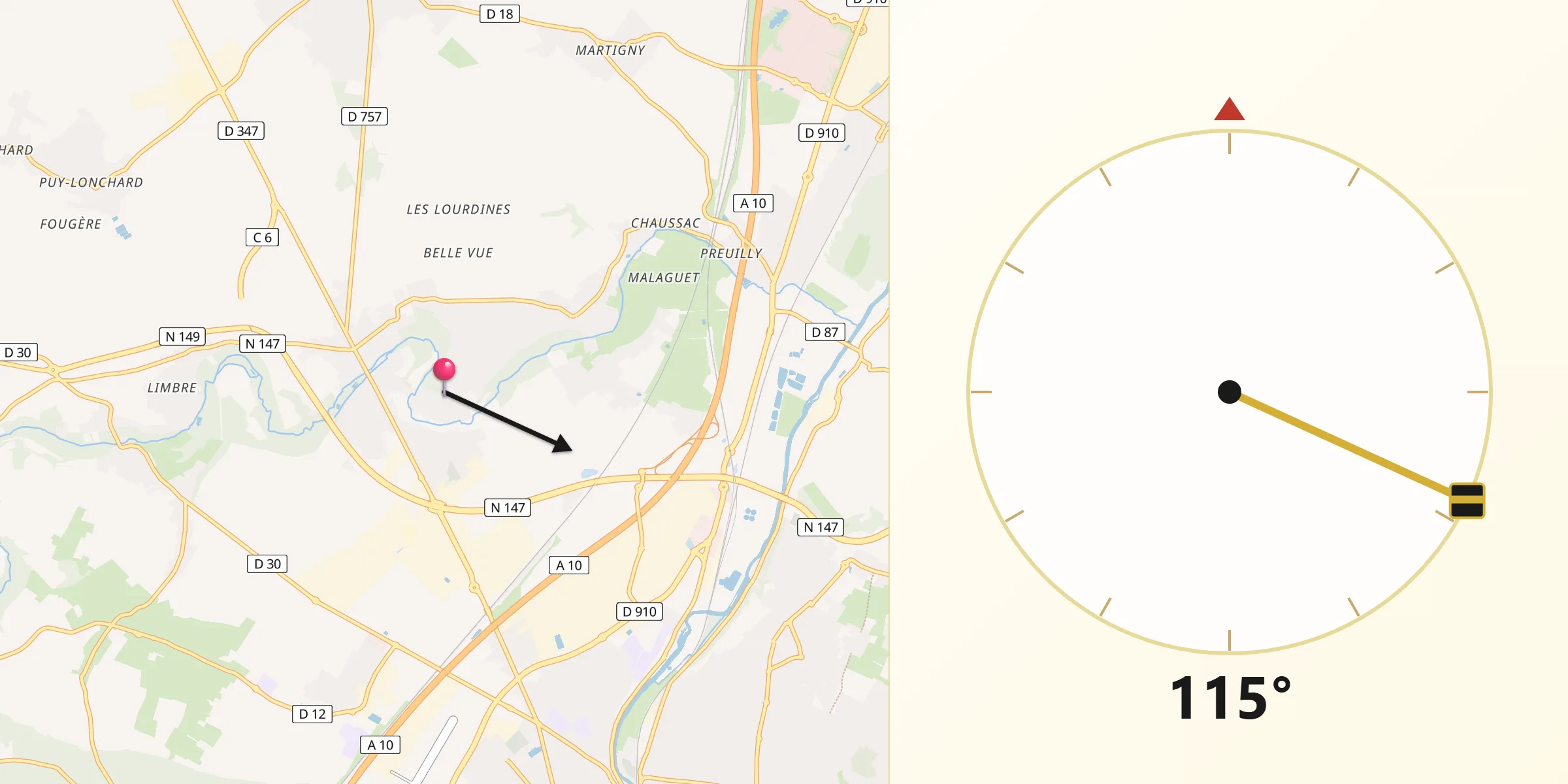 Direction vers la Qibla depuis Migné-Auxances
