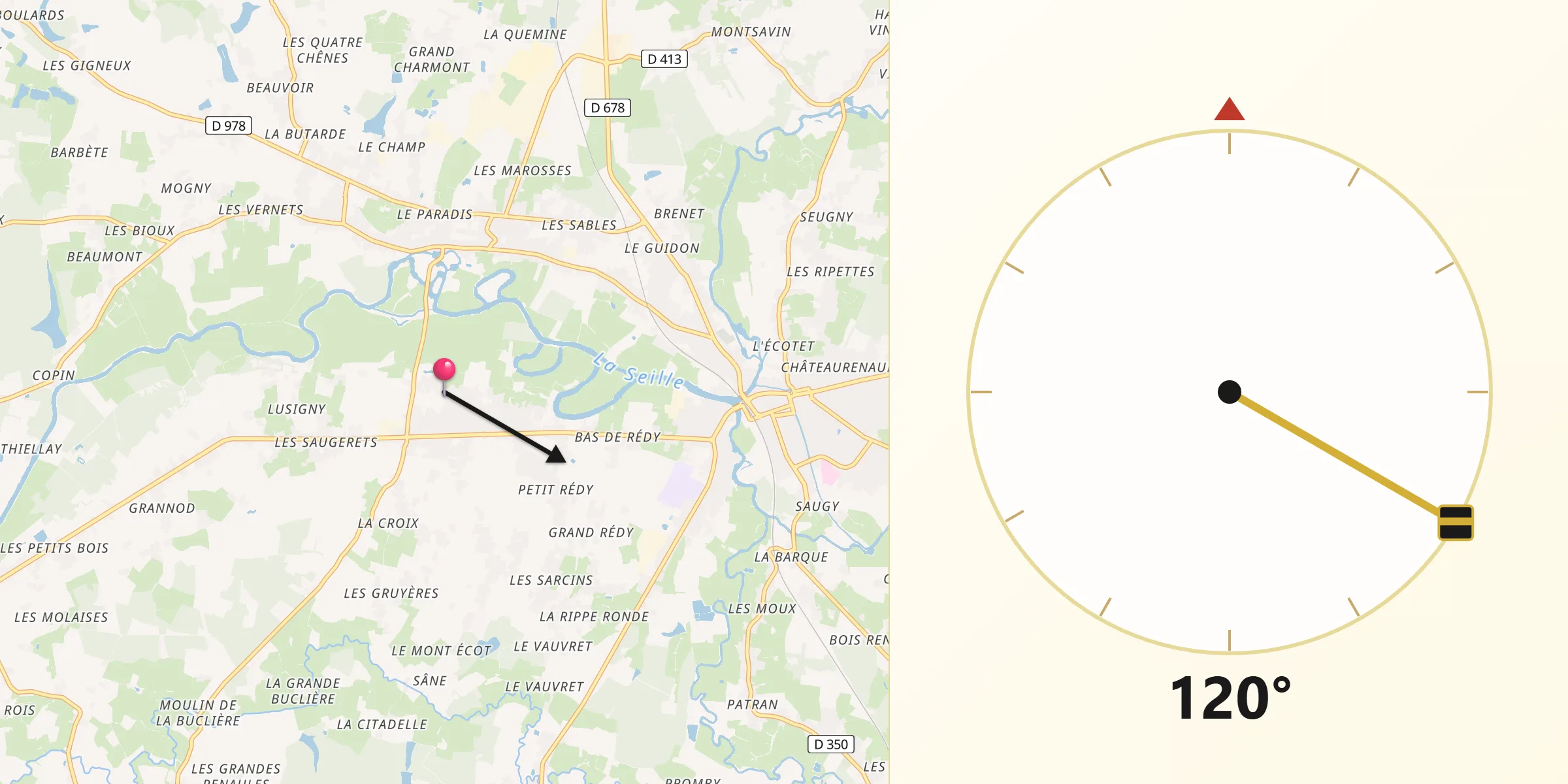 Direction vers la Qibla depuis Sornay