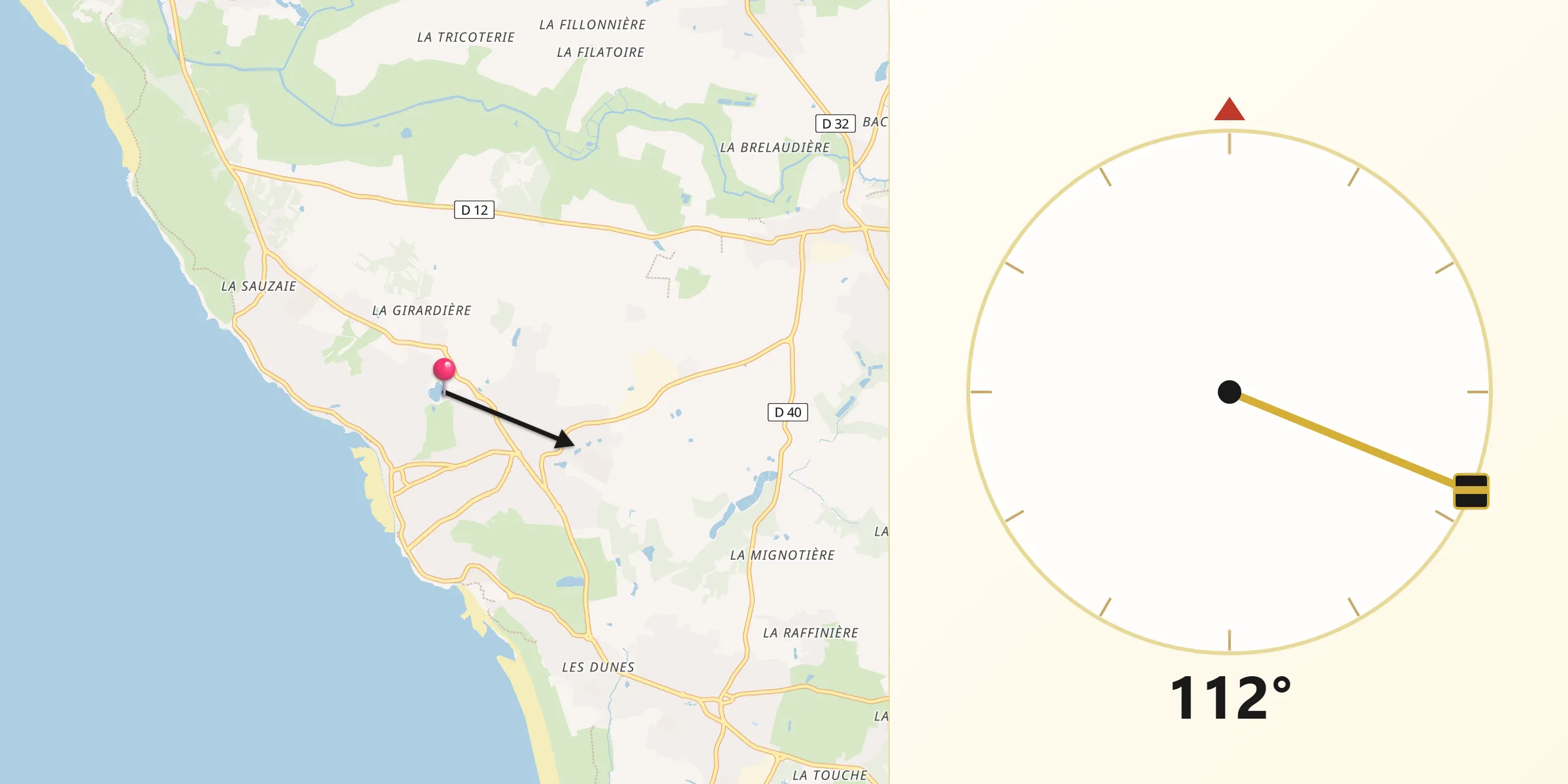 Direction vers la Qibla depuis Bretignolles-sur-Mer