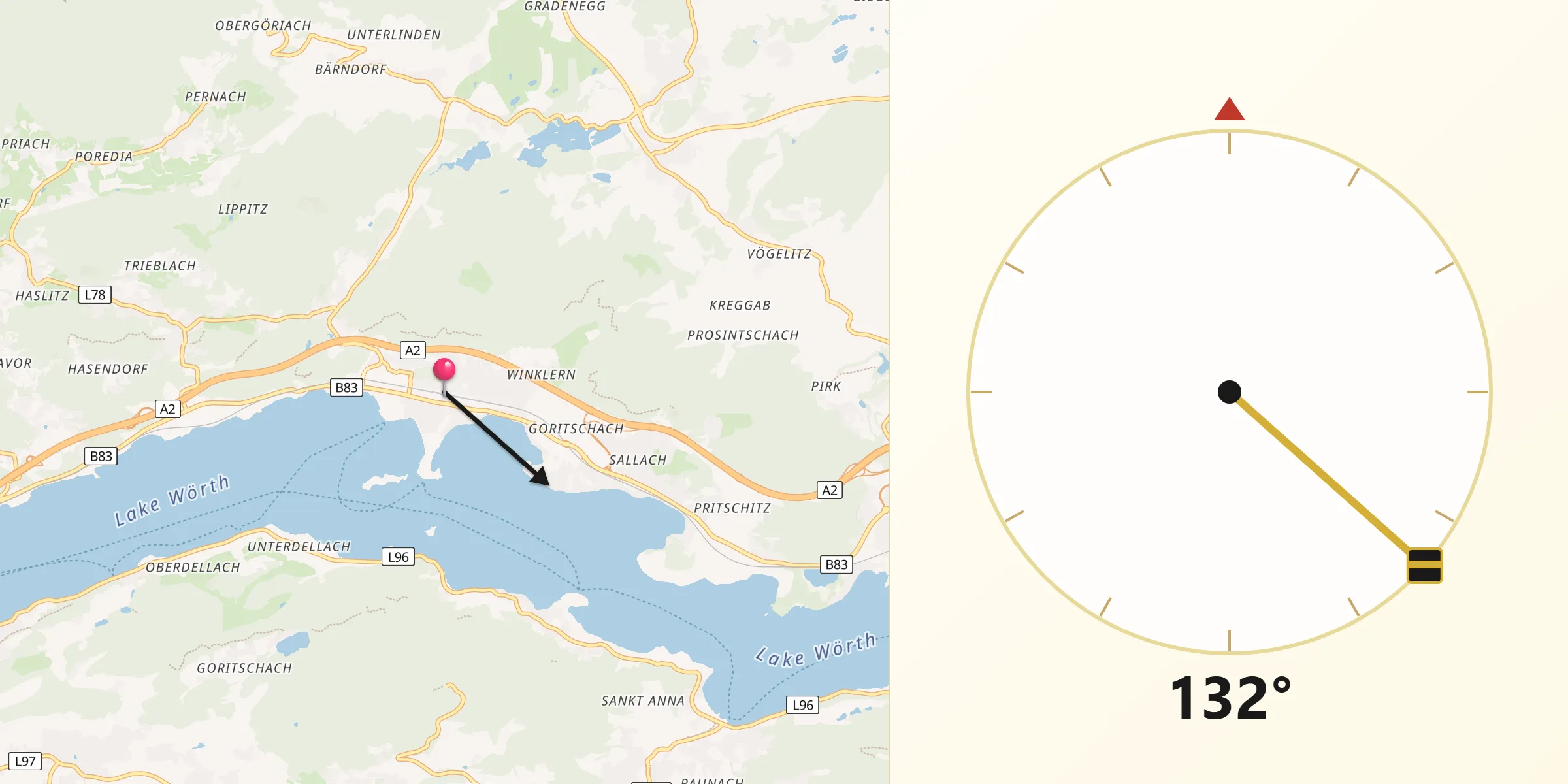 Qibla-Richtung von Pörtschach am Wörthersee