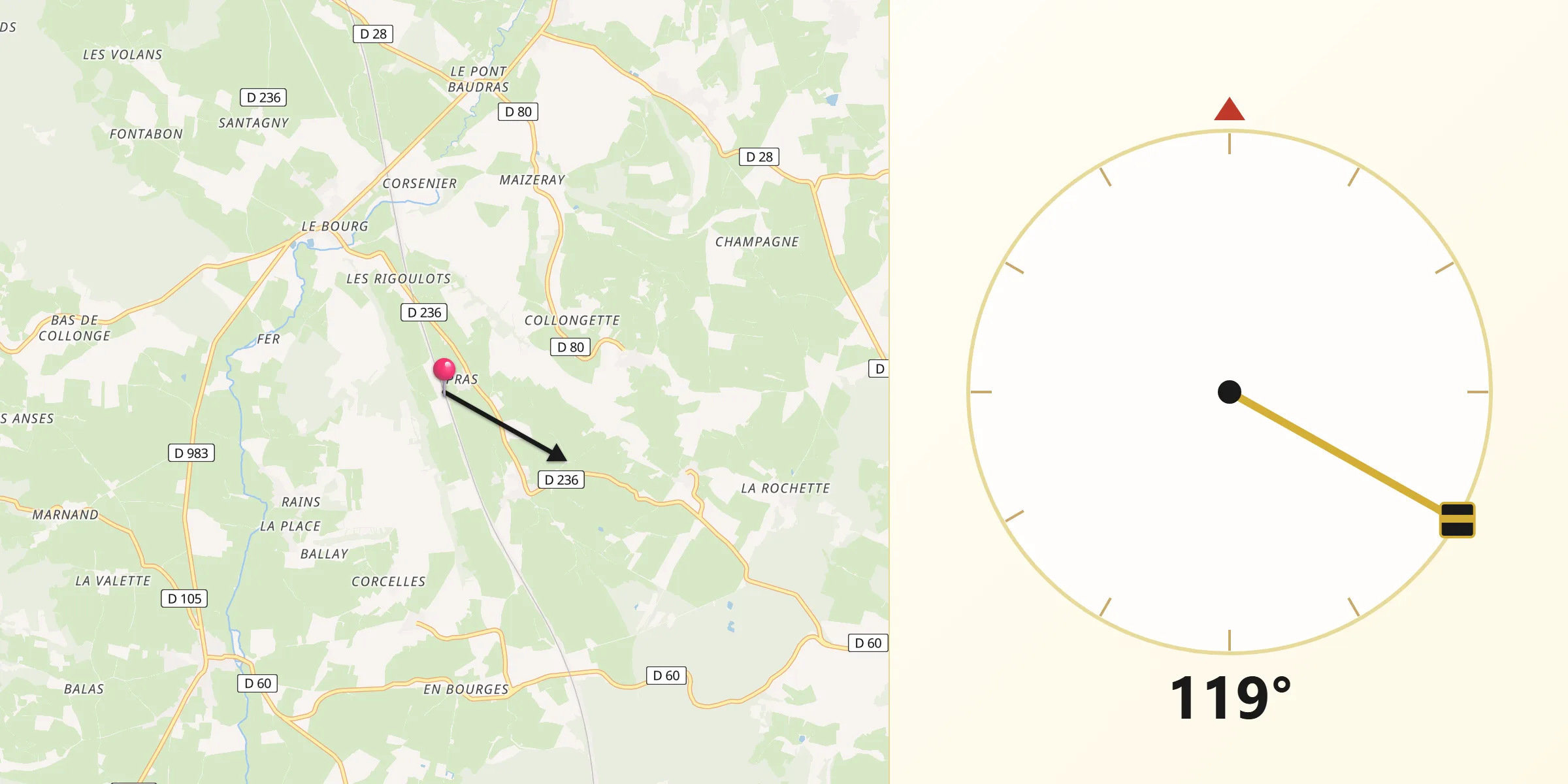 Direction vers la Qibla depuis Département de Saône-et-Loire