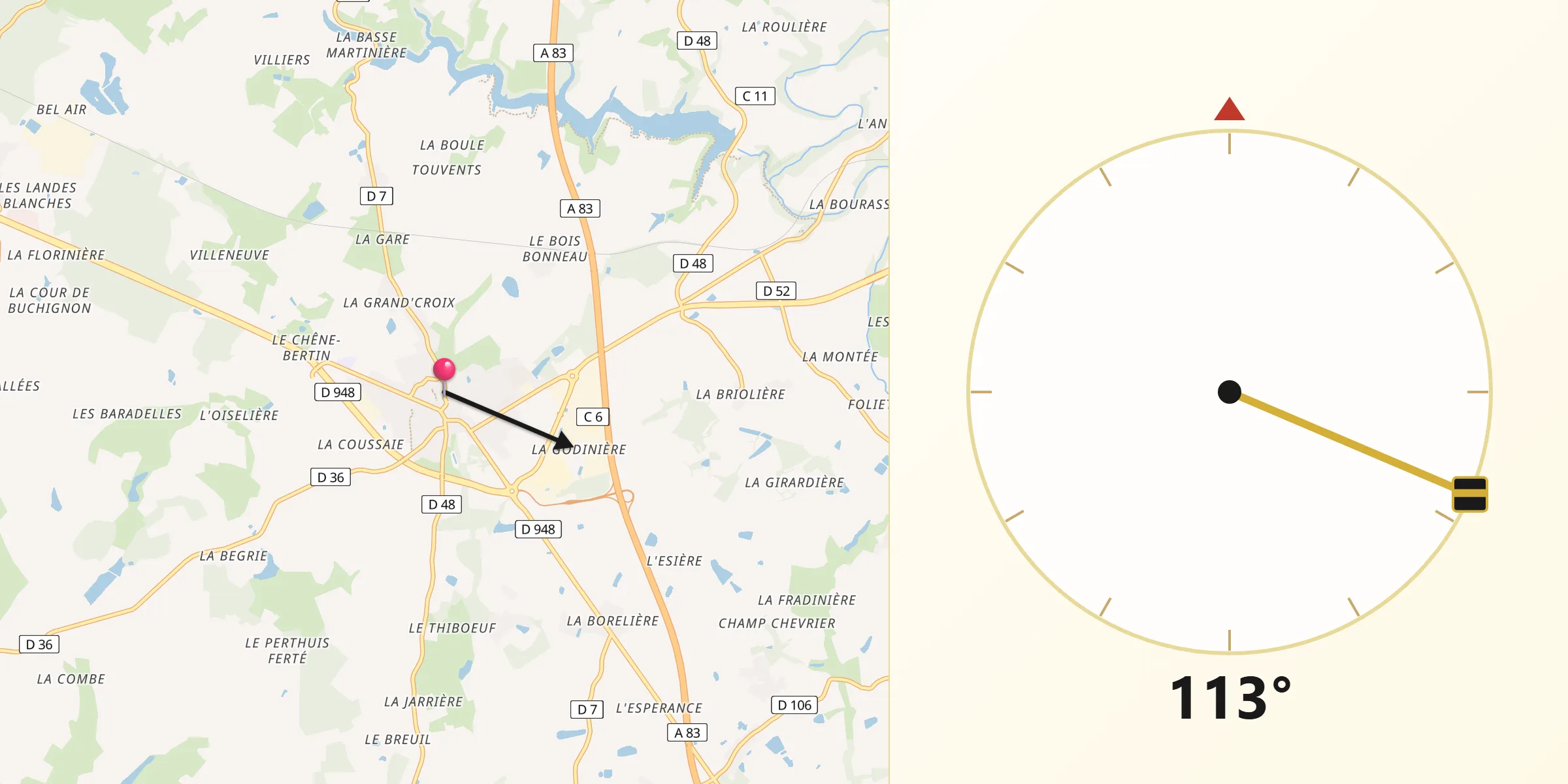 Direction vers la Qibla depuis Bournezeau