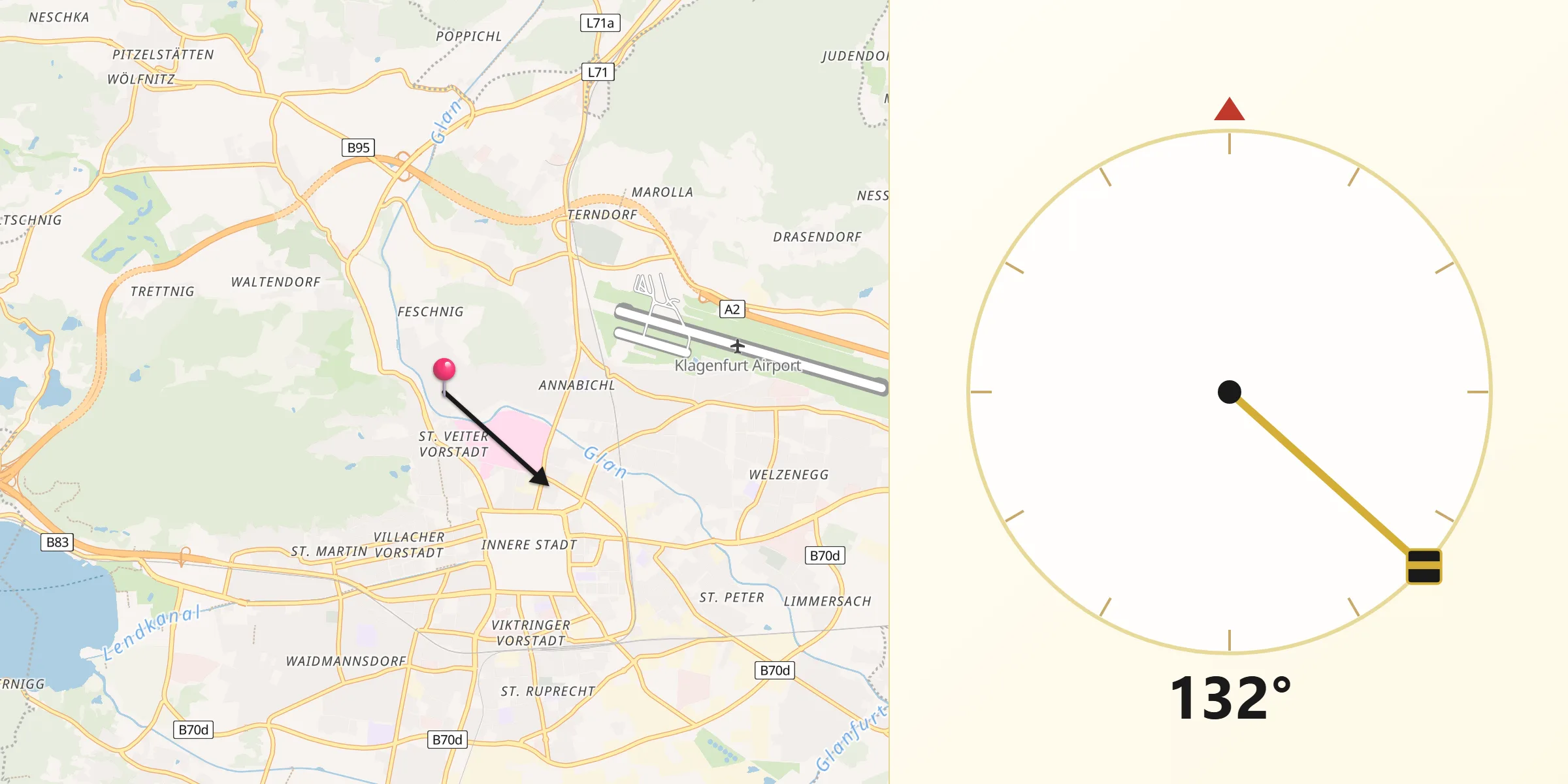 Qibla-Richtung von Klagenfurt