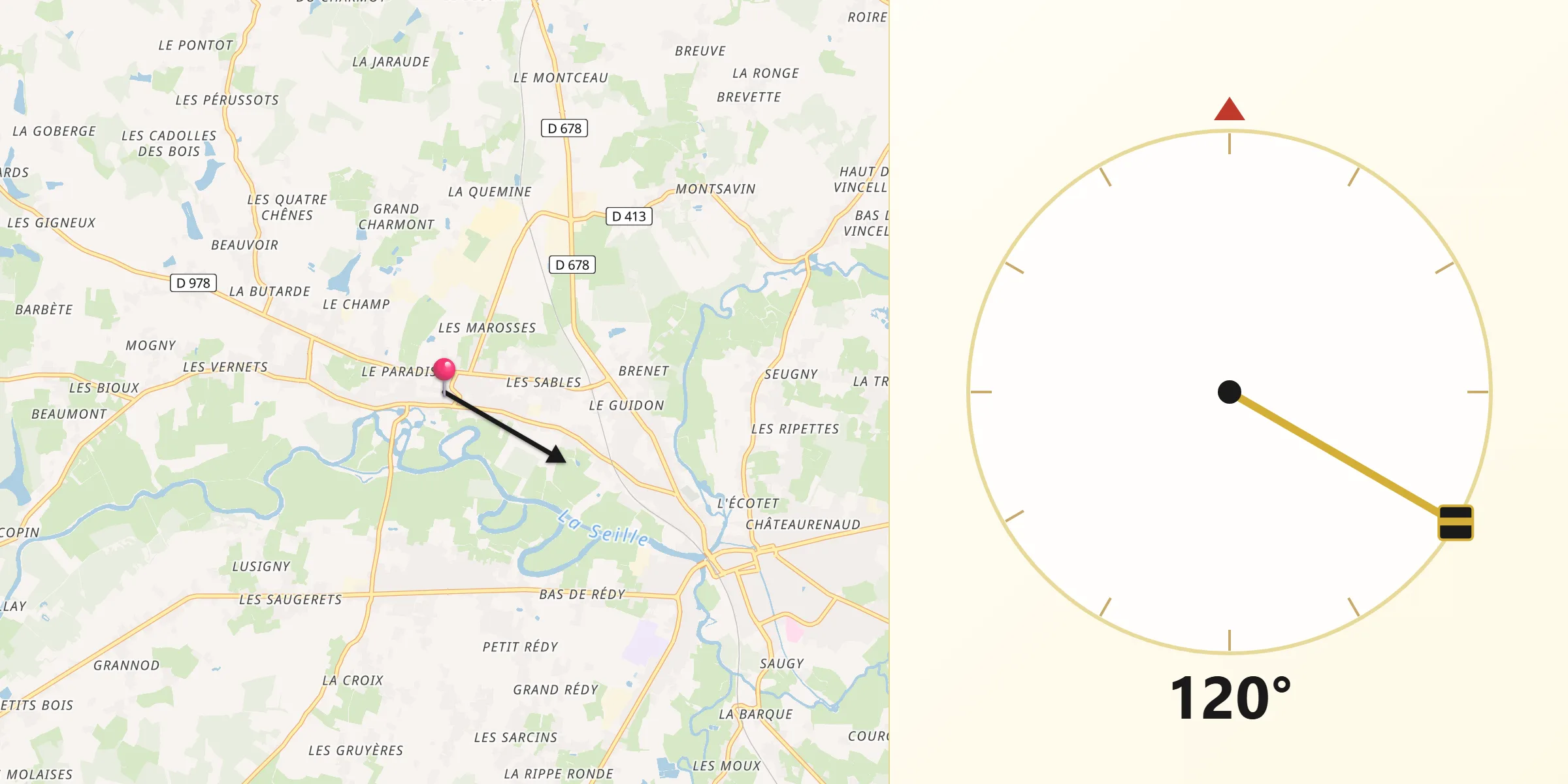 Direction vers la Qibla depuis Branges