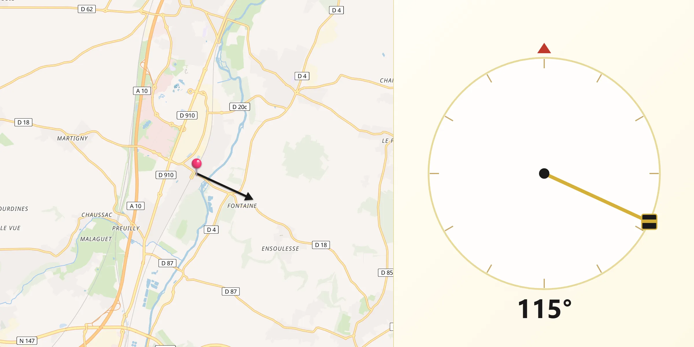 Direction vers la Qibla depuis Chasseneuil-du-Poitou