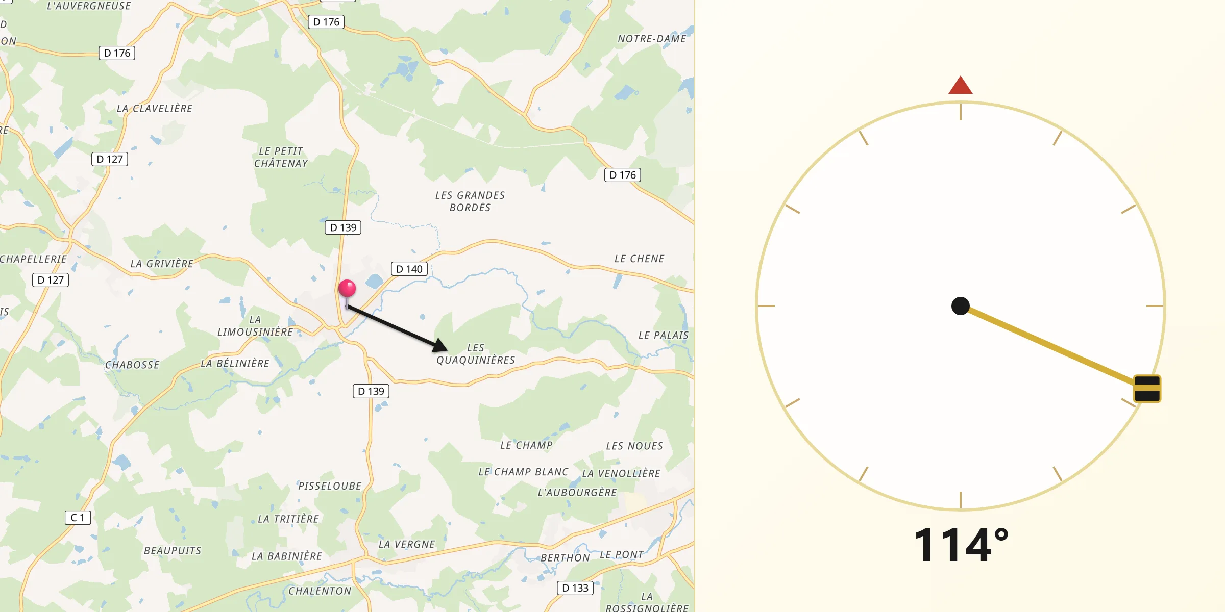 Direction vers la Qibla depuis Saint-Aubin-le-Cloud