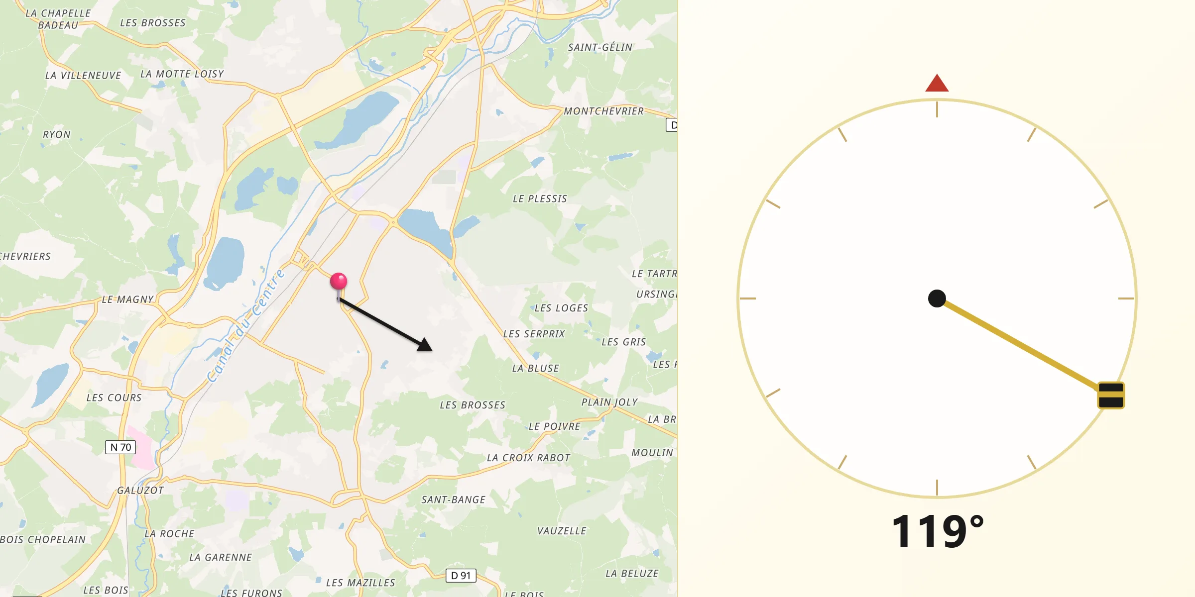 Direction vers la Qibla depuis Montceau-les-Mines