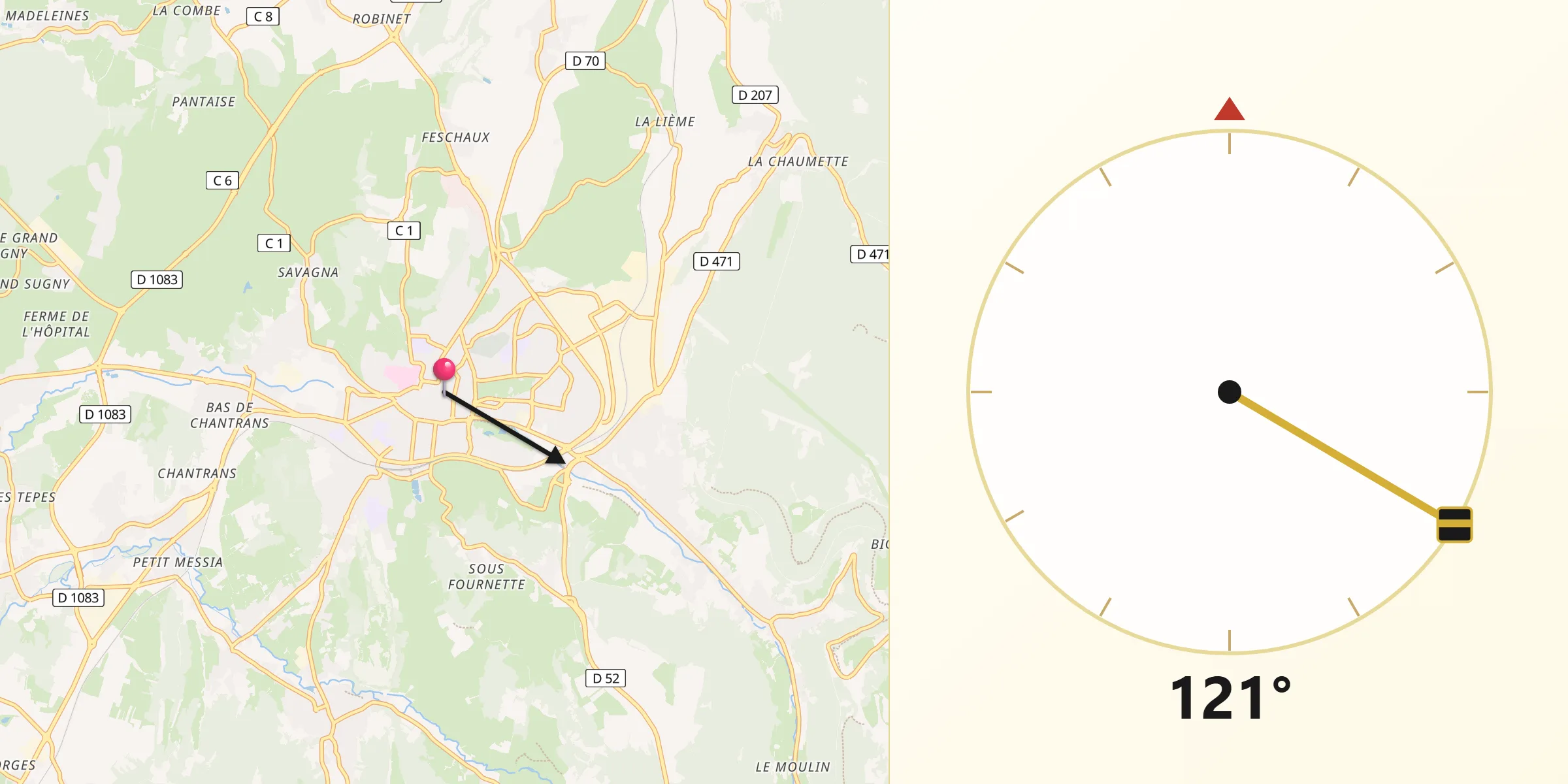 Direction vers la Qibla depuis Lons-le-Saunier