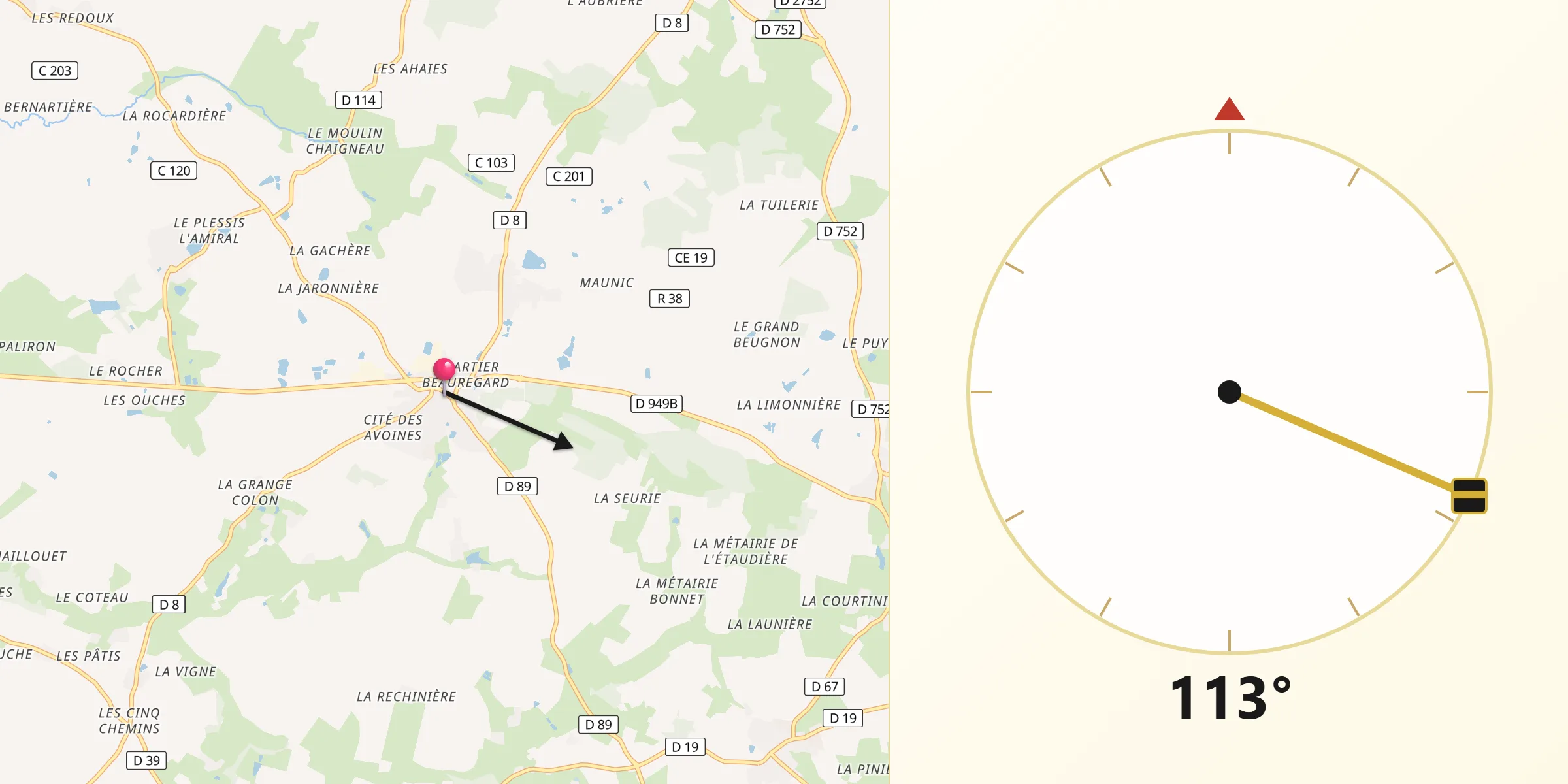 Direction vers la Qibla depuis Mouilleron-en-Pareds