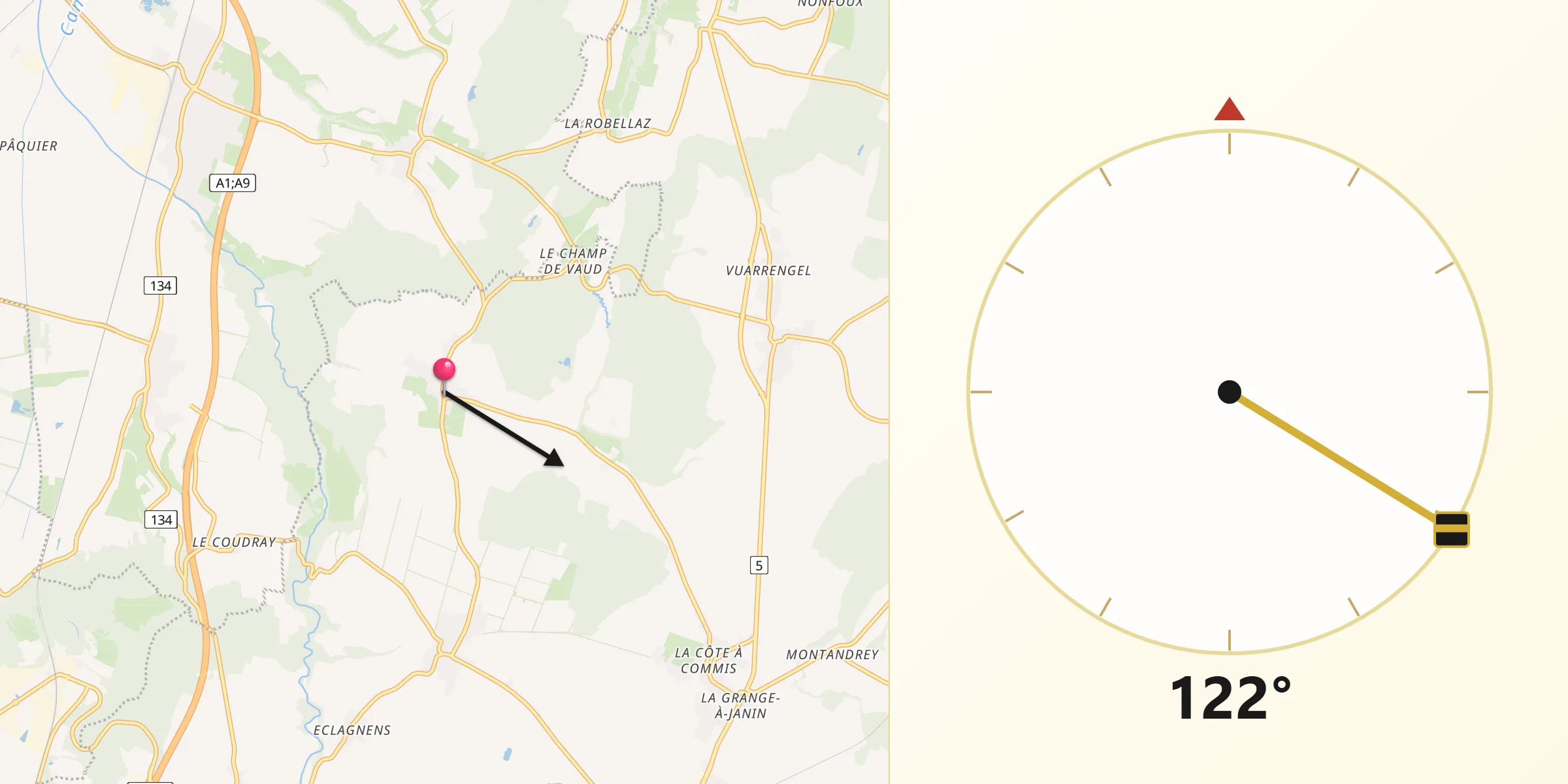 Direction vers la Qibla depuis Penthéréaz