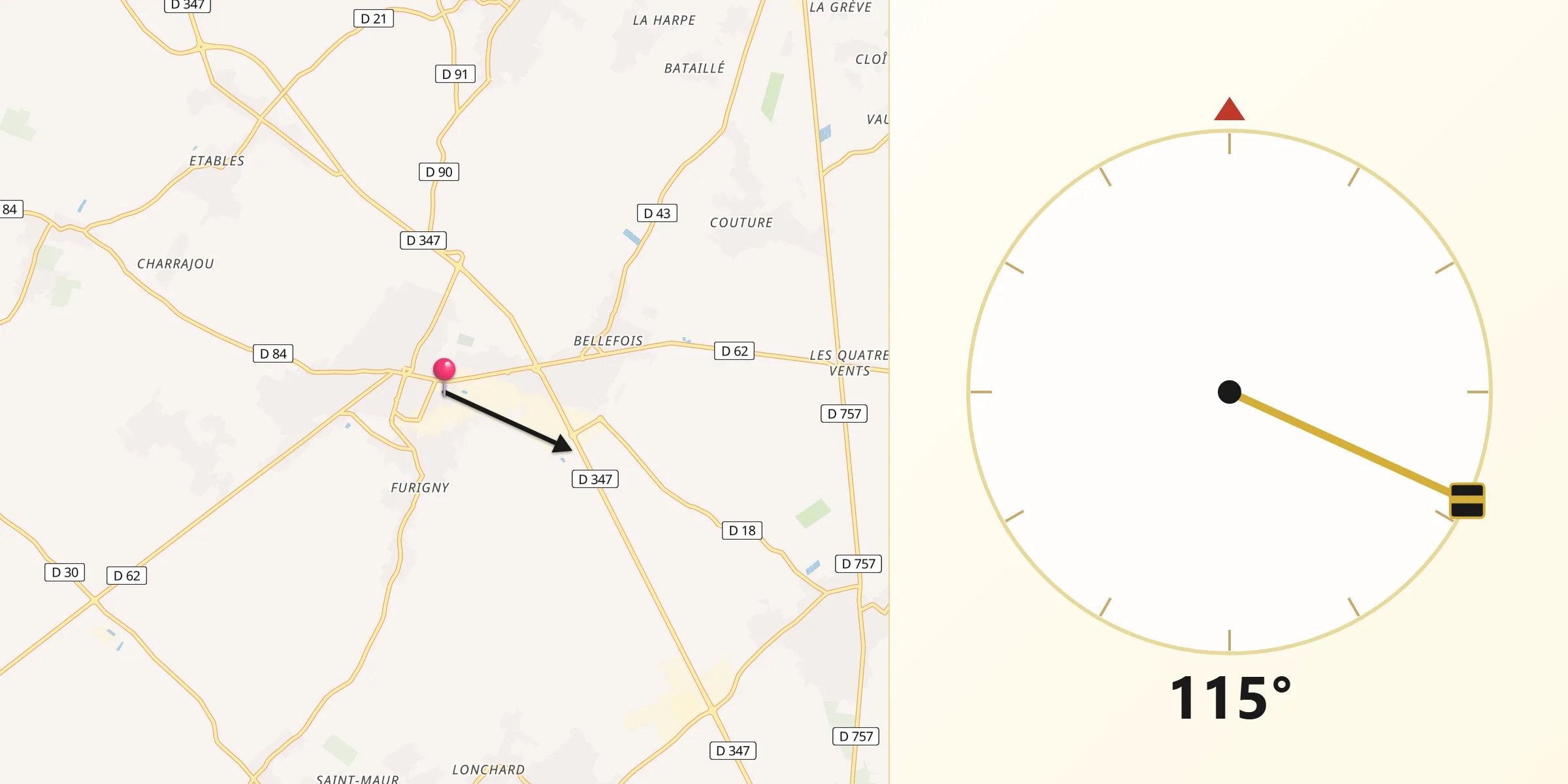 Direction vers la Qibla depuis Neuville-de-Poitou