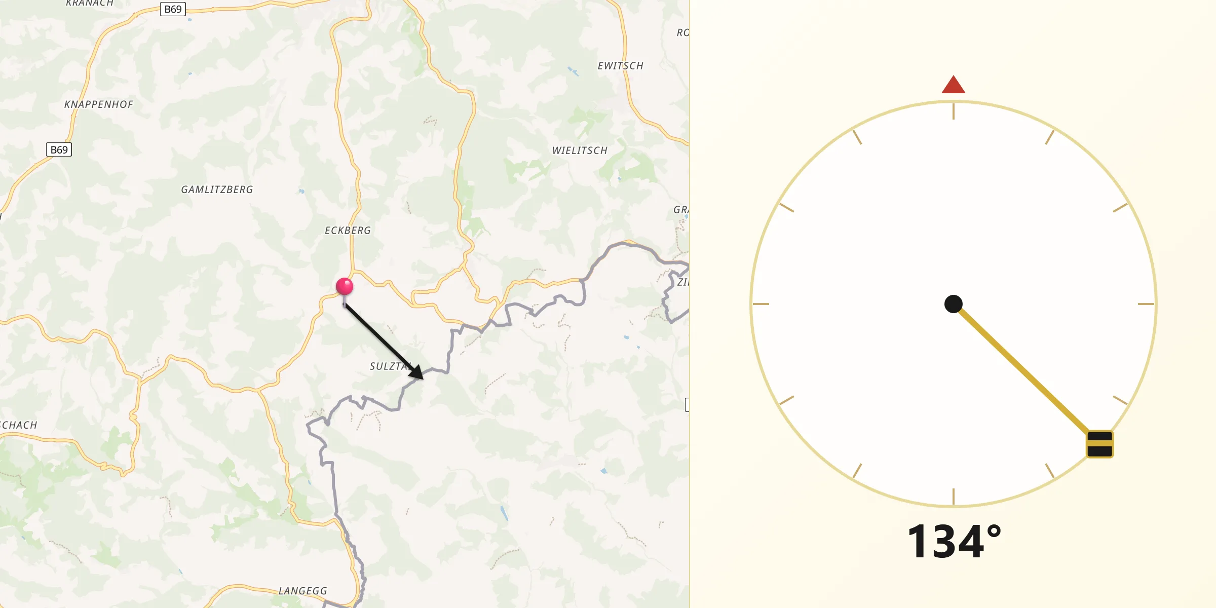 Qibla-Richtung von Sulztal an der Weinstraße