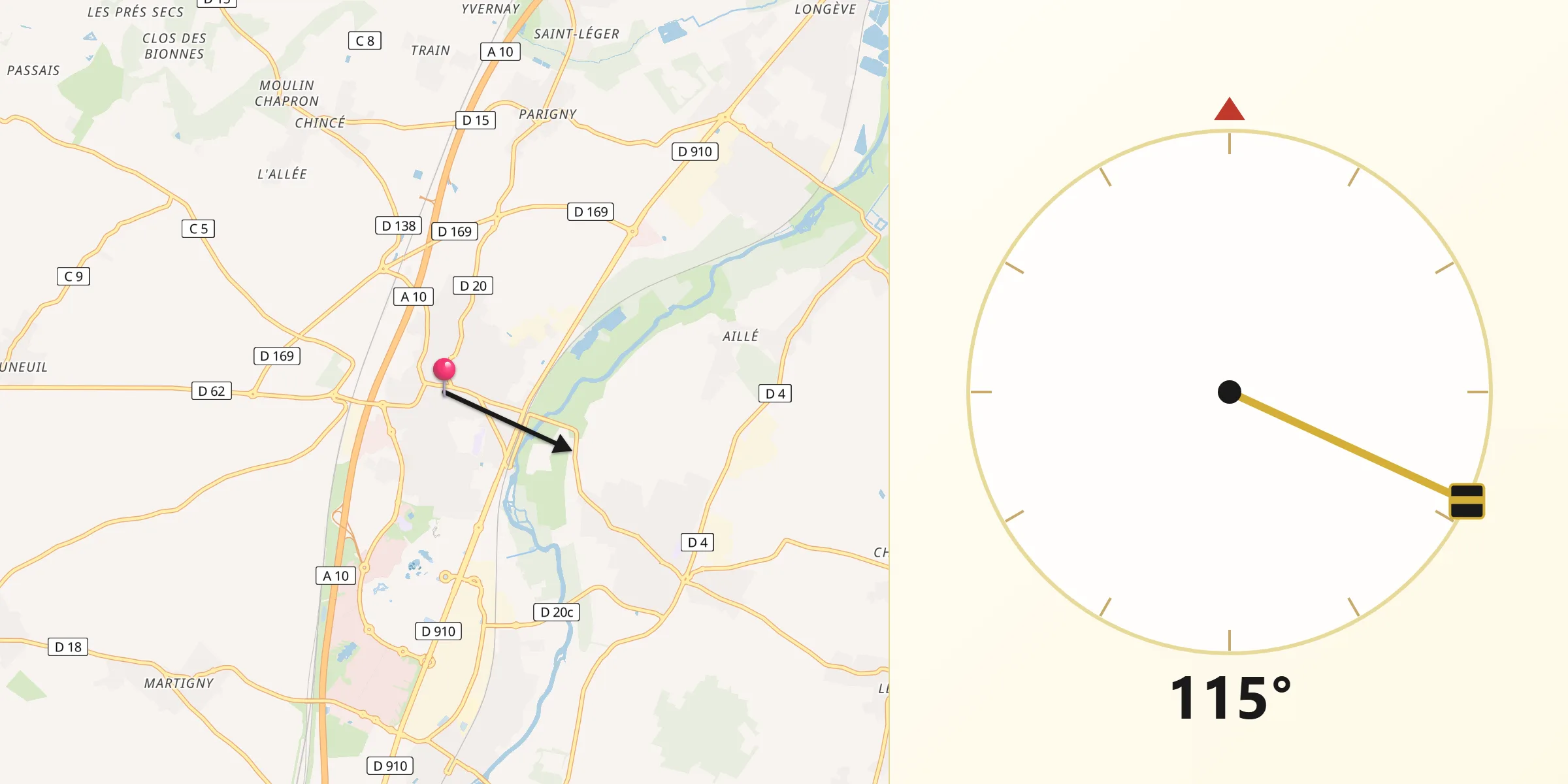 Direction vers la Qibla depuis Jaunay-Clan