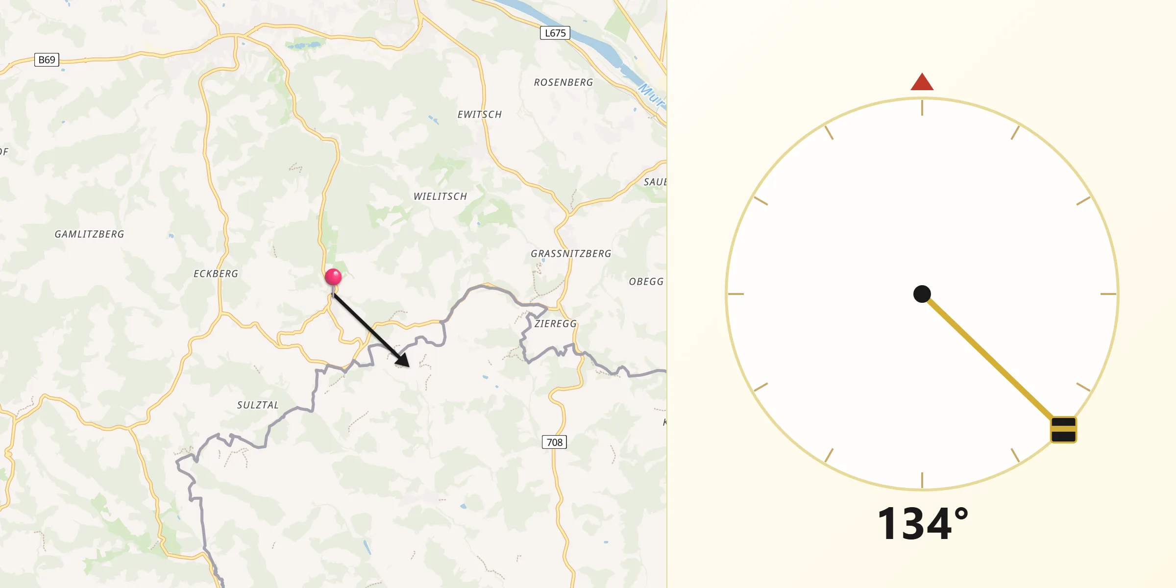 Qibla-Richtung von Ratsch an der Weinstraße