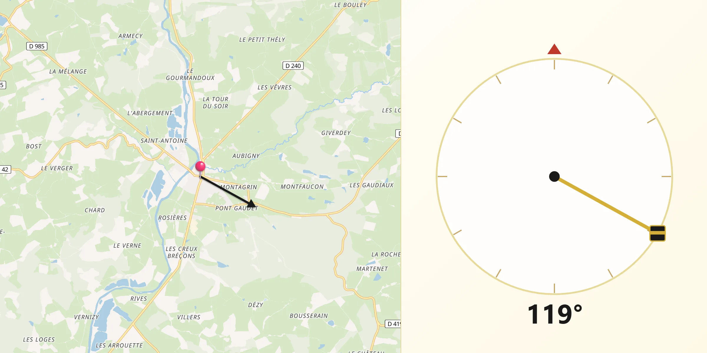 Direction vers la Qibla depuis Toulon-sur-Arroux