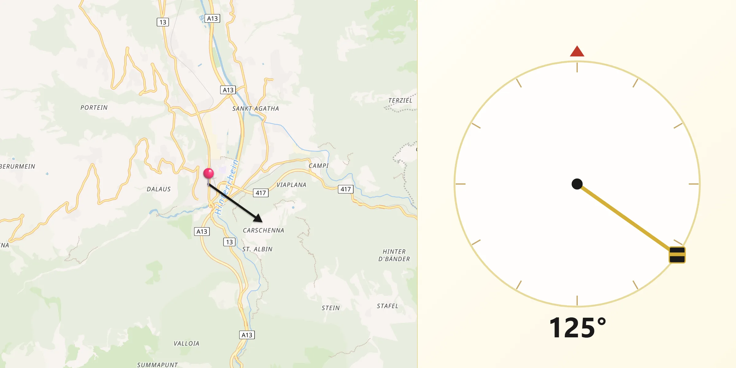 Direction vers la Qibla depuis Thusis