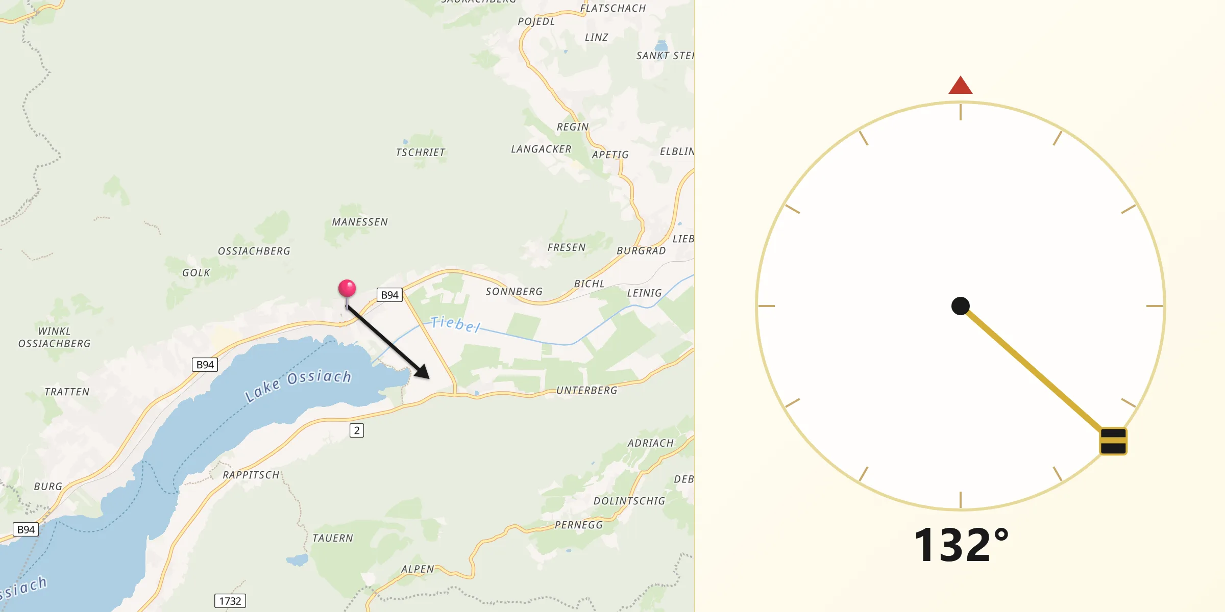 Qibla-Richtung von Steindorf am Ossiacher See