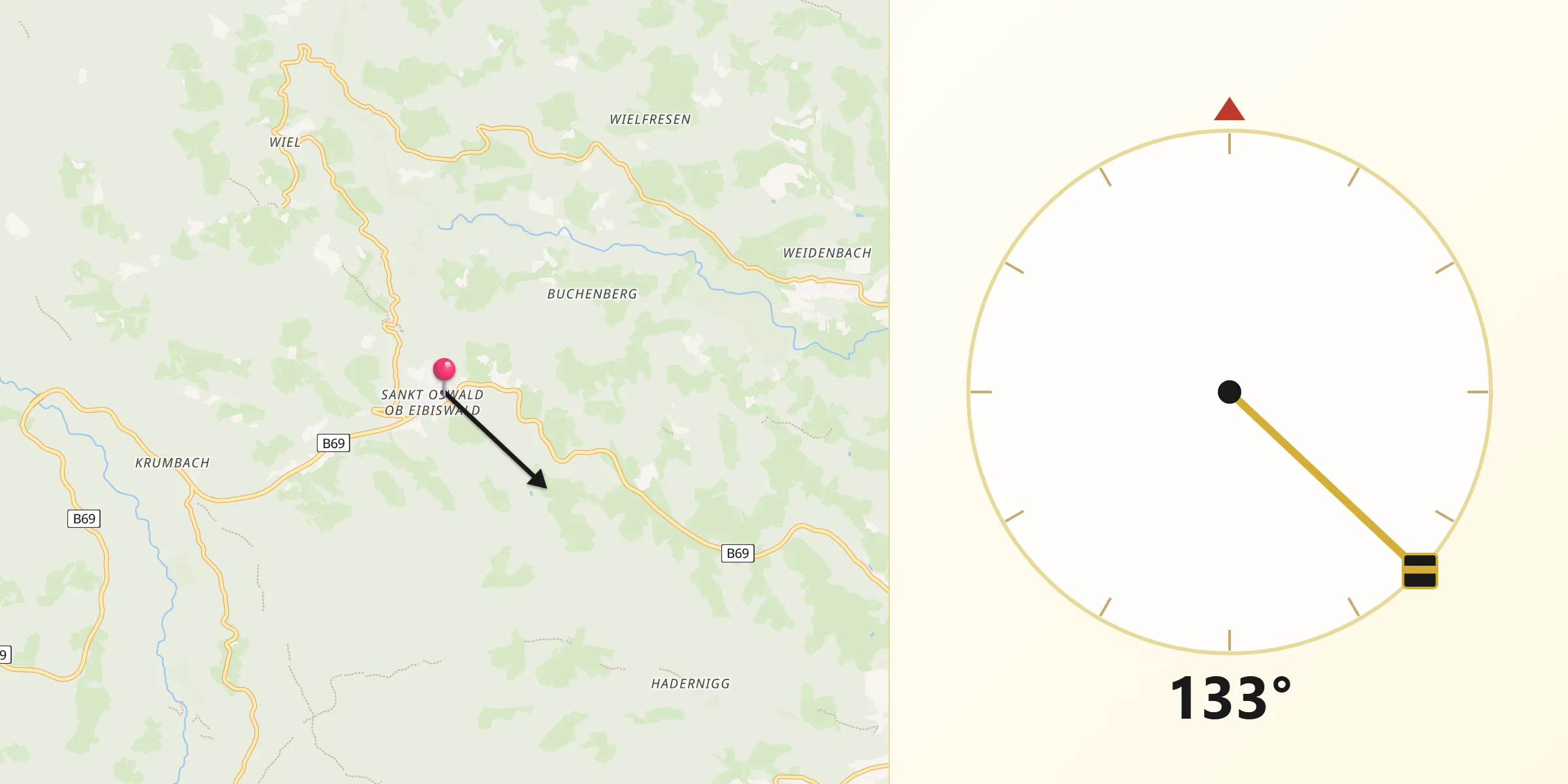 Qibla-Richtung von Sankt Oswald ob Eibiswald