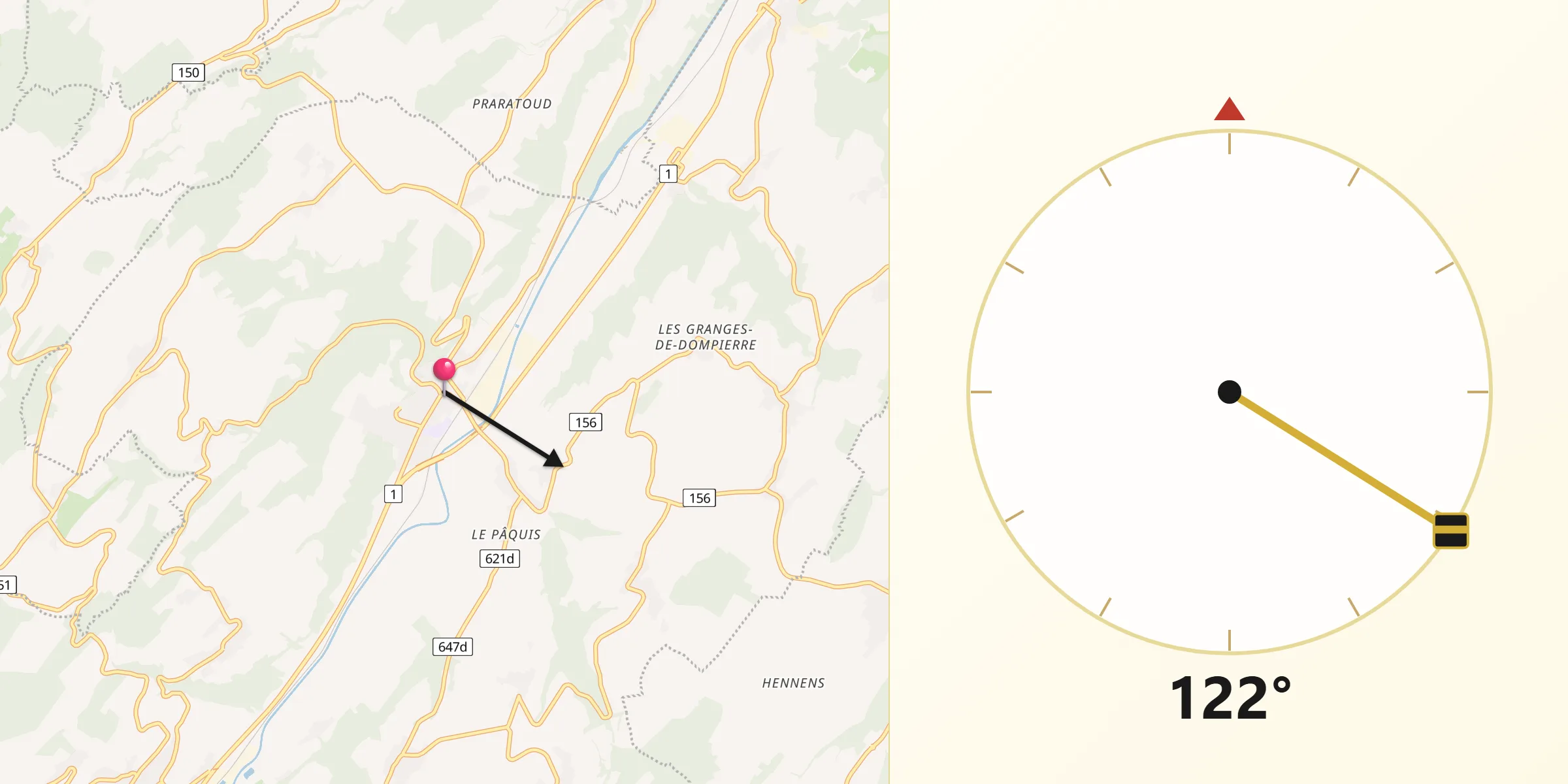 Direction vers la Qibla depuis Lucens