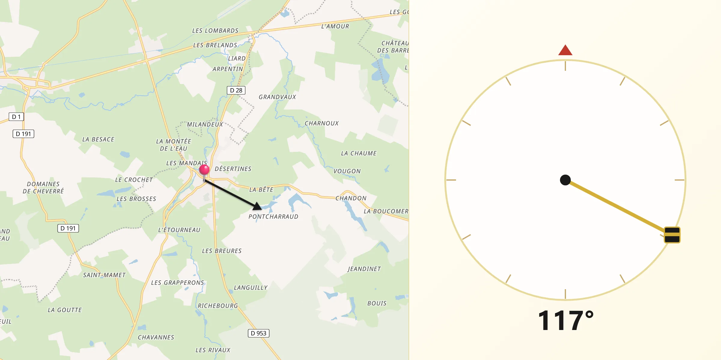 Direction vers la Qibla depuis Ainay-le-Château