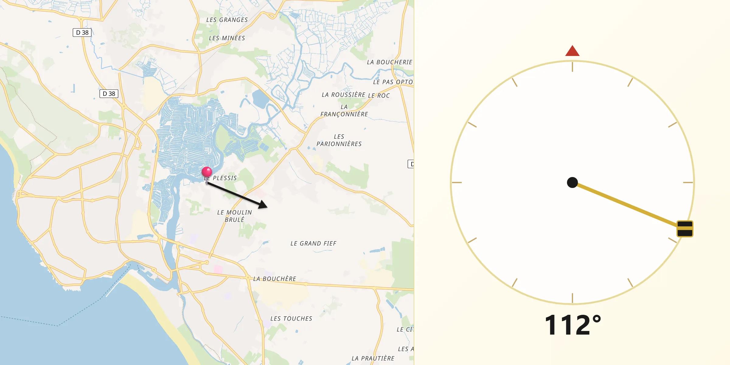 Direction vers la Qibla depuis Saint-Hilaire-de-Riez