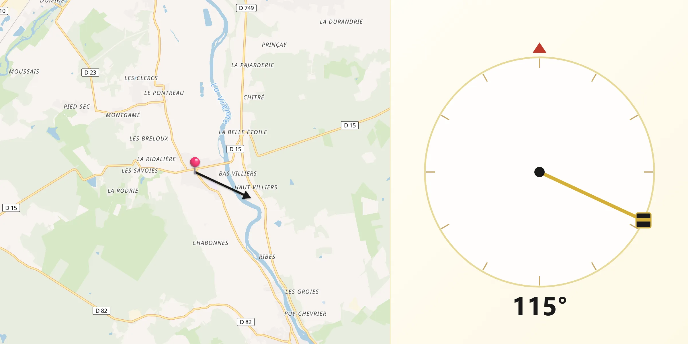 Direction vers la Qibla depuis Vouneuil-sur-Vienne
