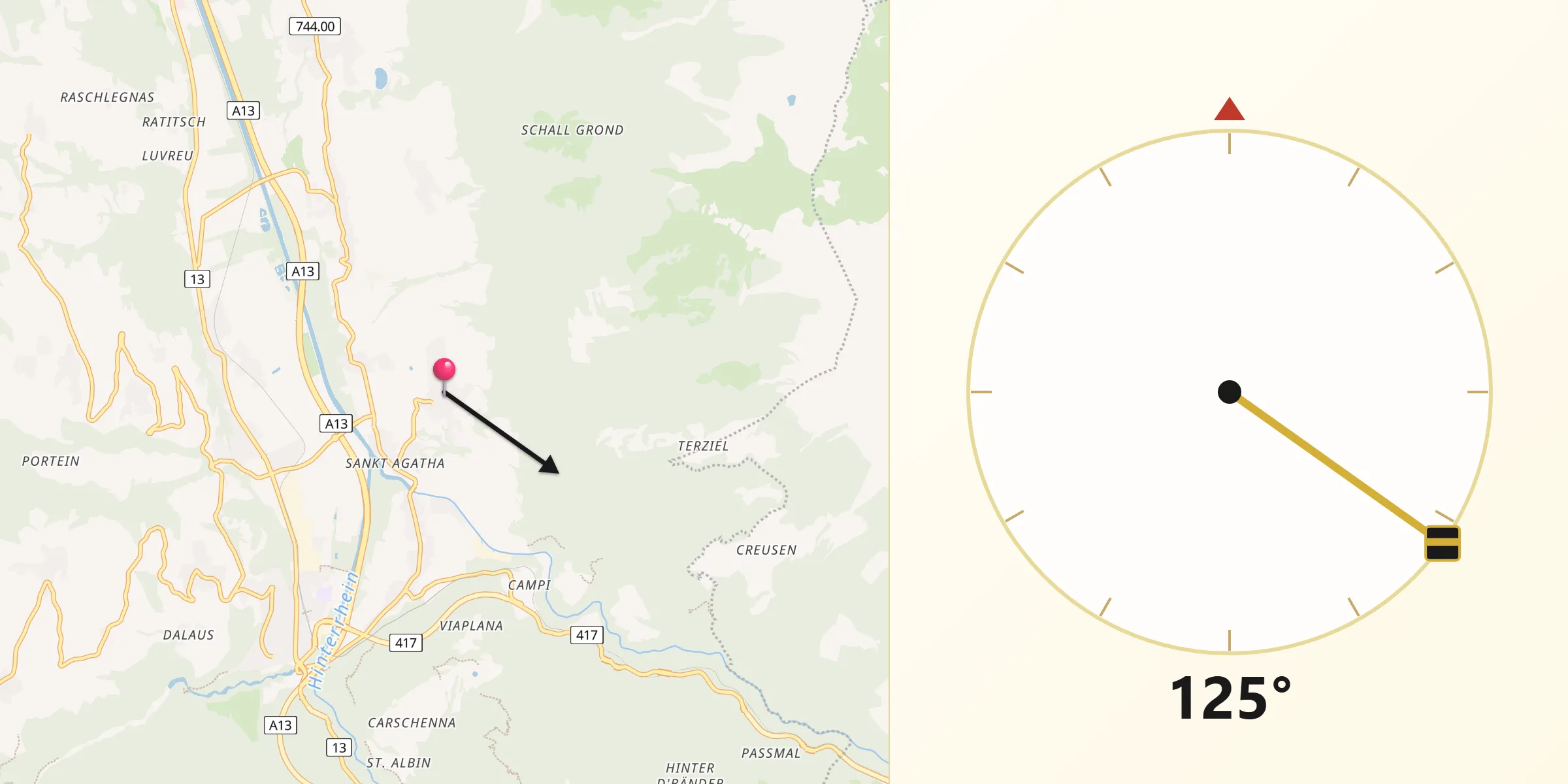 Direction vers la Qibla depuis Scharans
