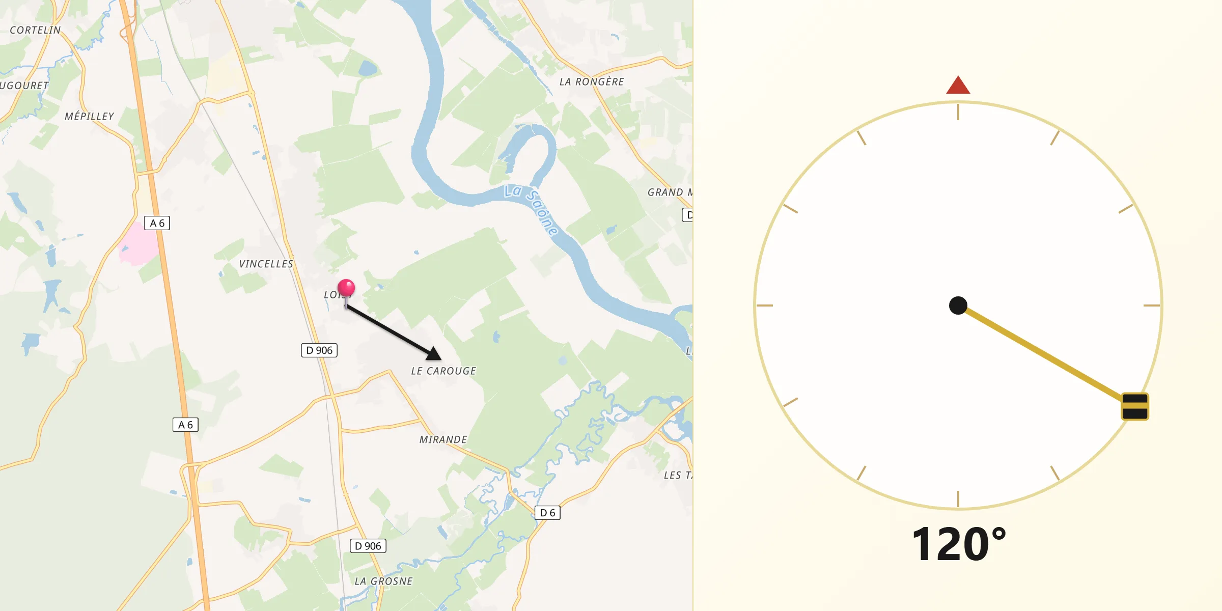Direction vers la Qibla depuis Varennes-le-Grand