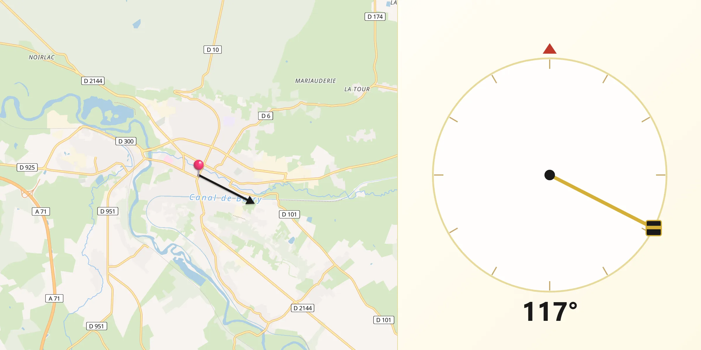 Direction vers la Qibla depuis Saint-Amand-Montrond