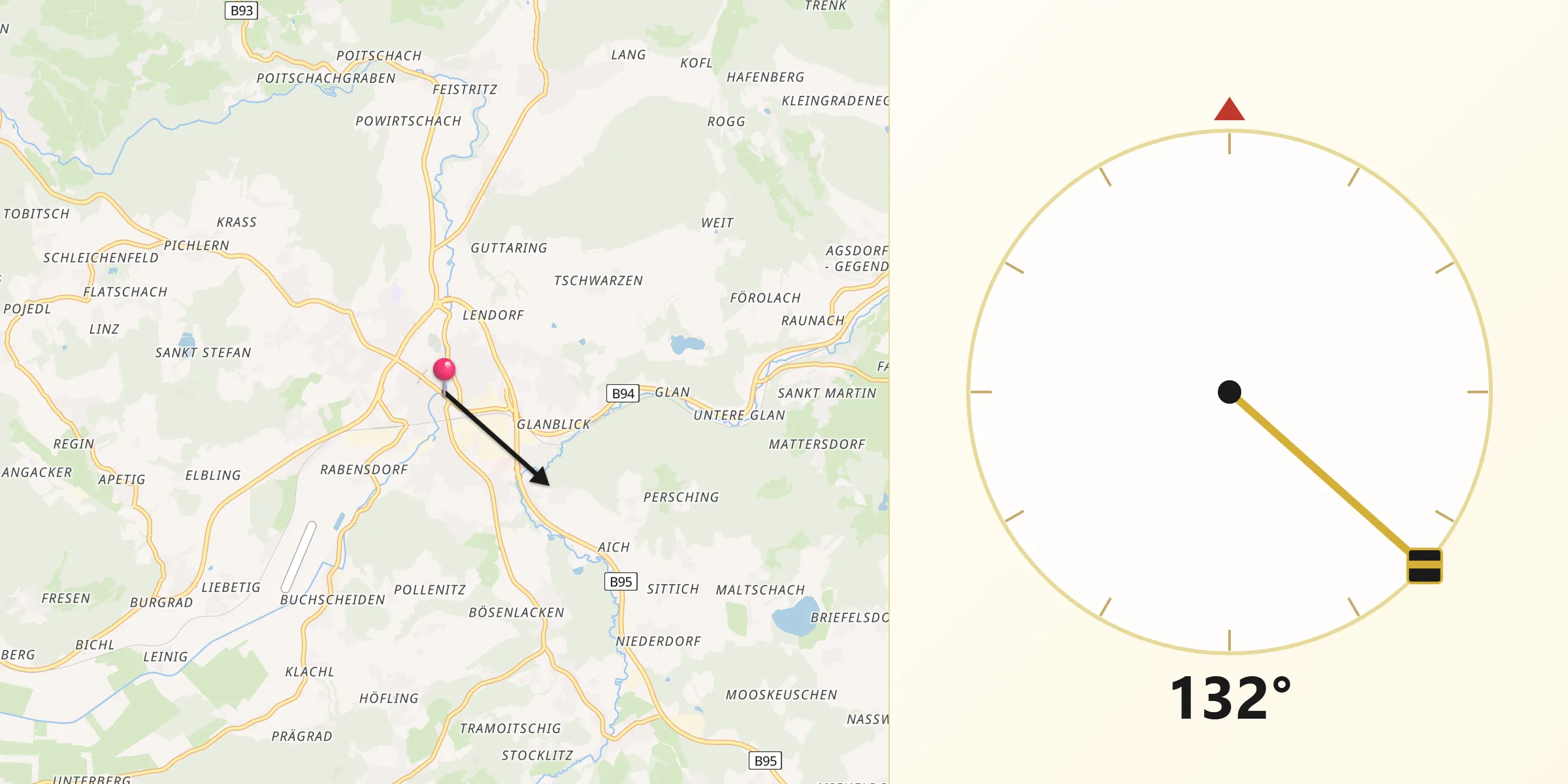 Qibla-Richtung von Feldkirchen in Kärnten